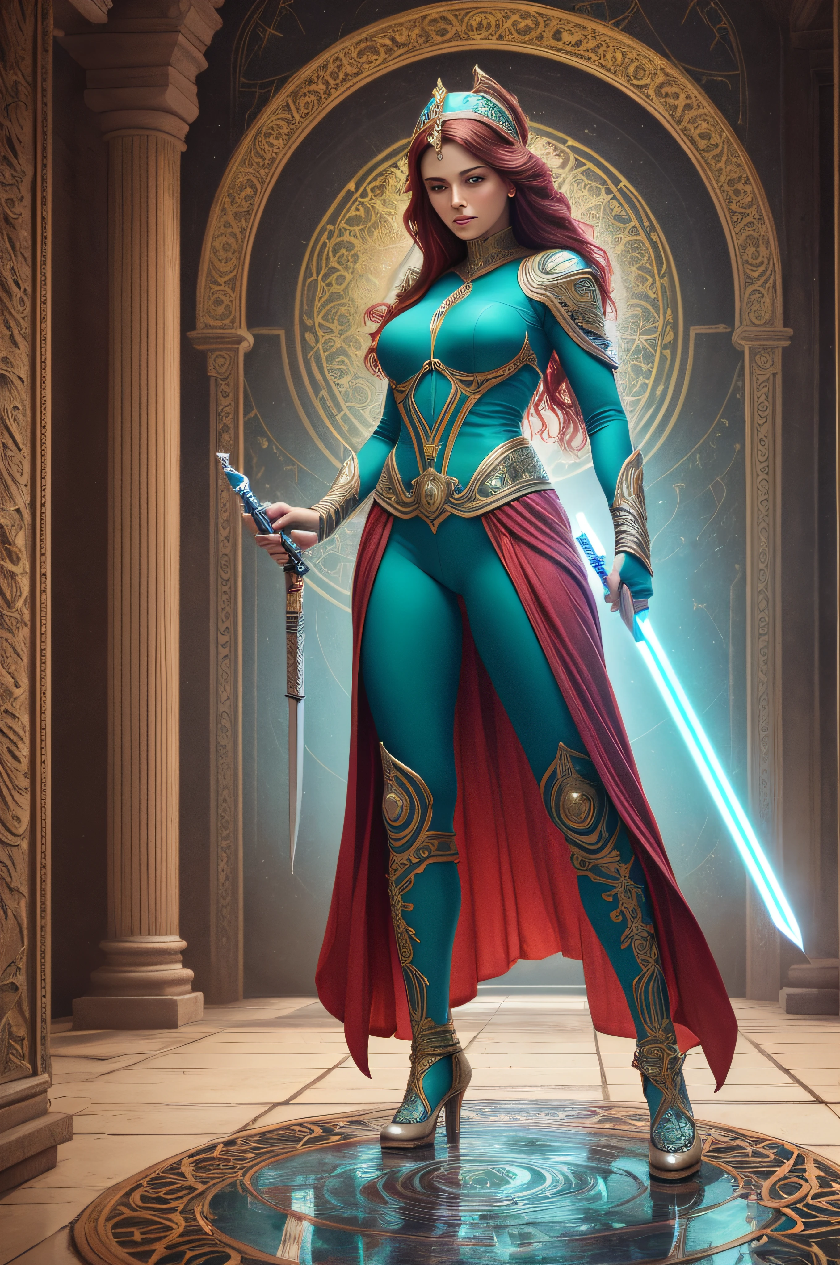 A full body of the exalted, red-haired goddess of the Amazons, in the radiant divine transparent-red-adorned ice-blue deep-cut open jumpsuit. She has a lightsabre, with a bright ice-blue glowing blade in her right hand and she is surrounded by a light green glow, illuminated by the sun, in an open temple with a circle in the center with eleven silver swords sticking upright on the floor. realistic, stunning realistic photograph, 3d render, octane render, intricately detailed, cinematic, trending on artstation, Isometric, Centered hipereallistic cover photo, awesome full color, hand drawn, dark, gritty, mucha, klimt, erte 12k, high definition, cinematic, neoprene, behance contest winner, portrait featured on unsplash, stylized digital art, smooth, ultra high definition, 8k, unreal engine 5, ultra sharp focus, intricate artwork masterpiece, ominous, epic, TanvirTamim, trending on artstation, by artgerm, h. r. giger and beksinski, highly detailed, vibrant