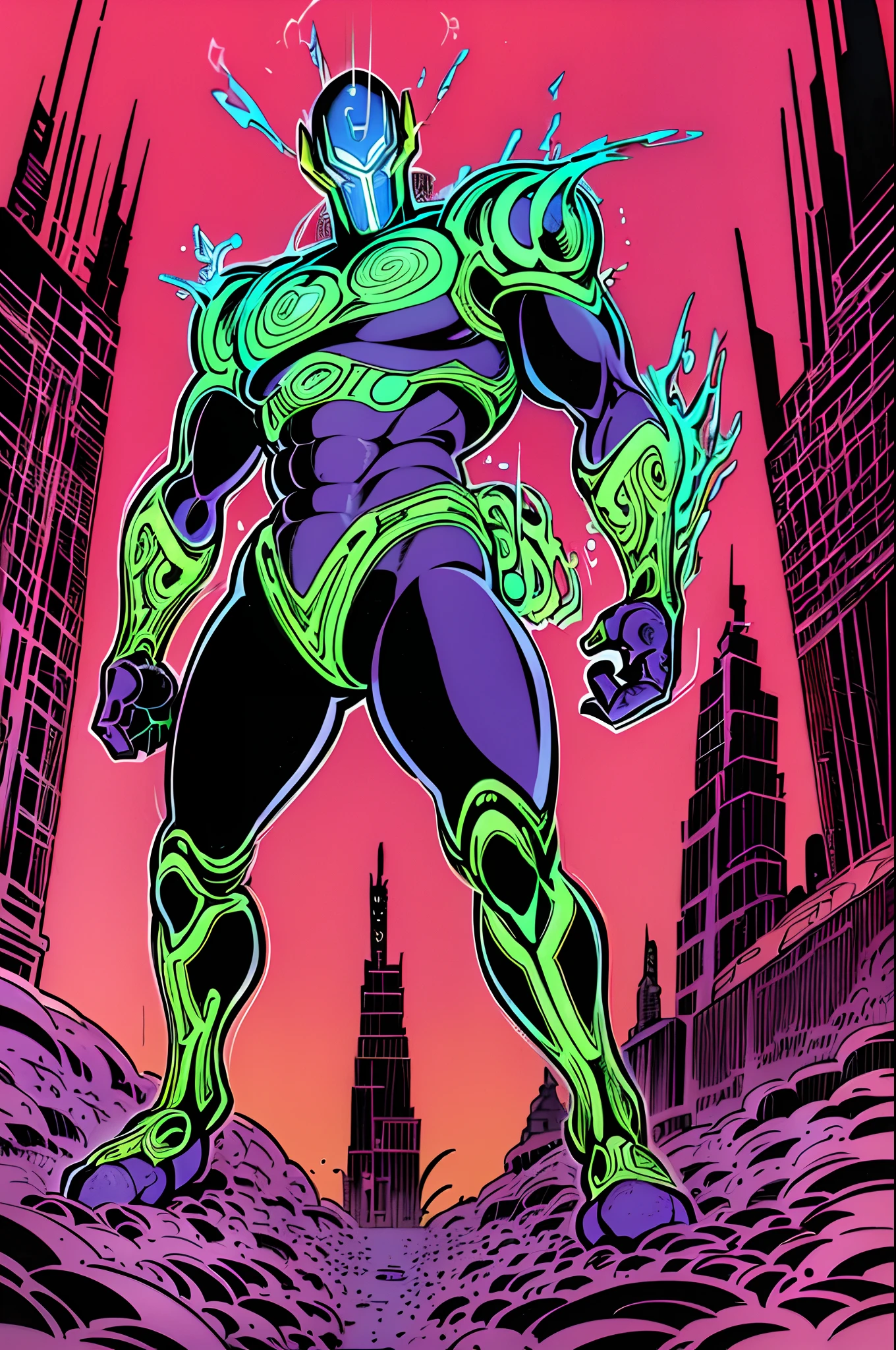 weird edgy superhero, standing, solo, full body, dark, mysterious, surreal, powerful, dramatic lighting, intense colors, comic book style, 60s,methurlant intricate surreal gritty atmospheric cinematic stylized contrast comic eerie cybernetic futuristic