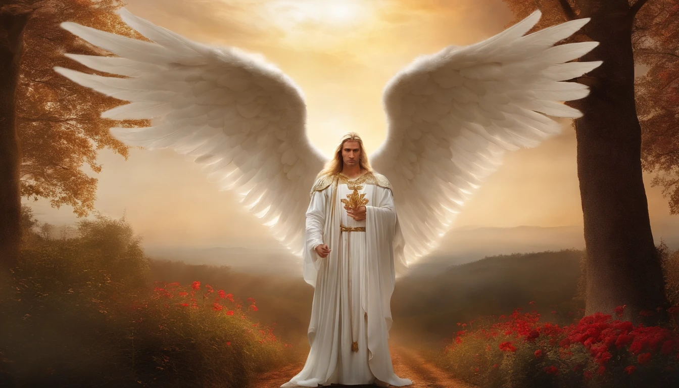 There is a painting of an angel with wings in the sky, majestic full-length angel man, dressed in white and red clothes, accurate biblical angel, Archangel Gabriel, angel protecting on guard, Angel Spirit Guide, angelic, Archangel Gabriel, man, winged human, Epic Angel Wings, beautiful angel, angel, bright angelic being, angelic, Angel theme, High Angel distant shot, biblical setting, warrior angel, with a trumpet in his right hand, long white hair, white robes Roman soldier style , angel looking 40 years old and majestic, lilies.