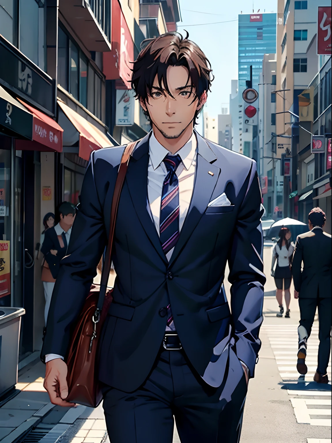 Sexy 39-year-old man in anime in city suit