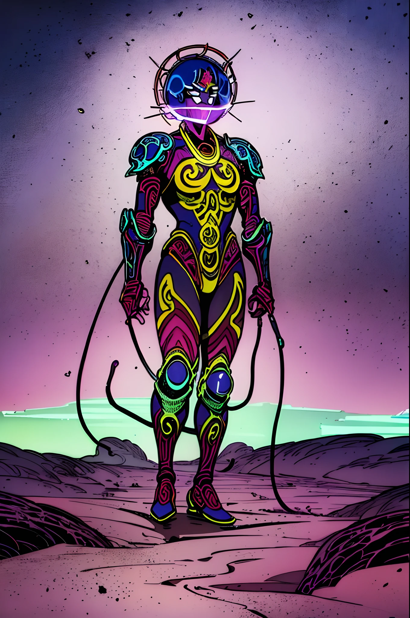 weird edgy superhero, standing, solo, full body, dark, mysterious, surreal, powerful, dramatic lighting, intense colors, comic book style, 60s,methurlant intricate surreal gritty atmospheric cinematic stylized contrast comic eerie cybernetic futuristic