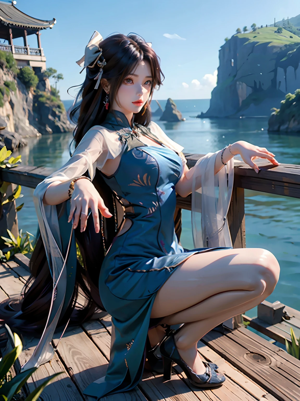 （（top-quality，16k，tmasterpiece：1.3）），（（（Yun Xi）），Beautiful Women in Perfect Shape：1.3，（（lewd poses）），（（（high-heels））），（Have by the sea），（（Antique long dress）），（（Squat））