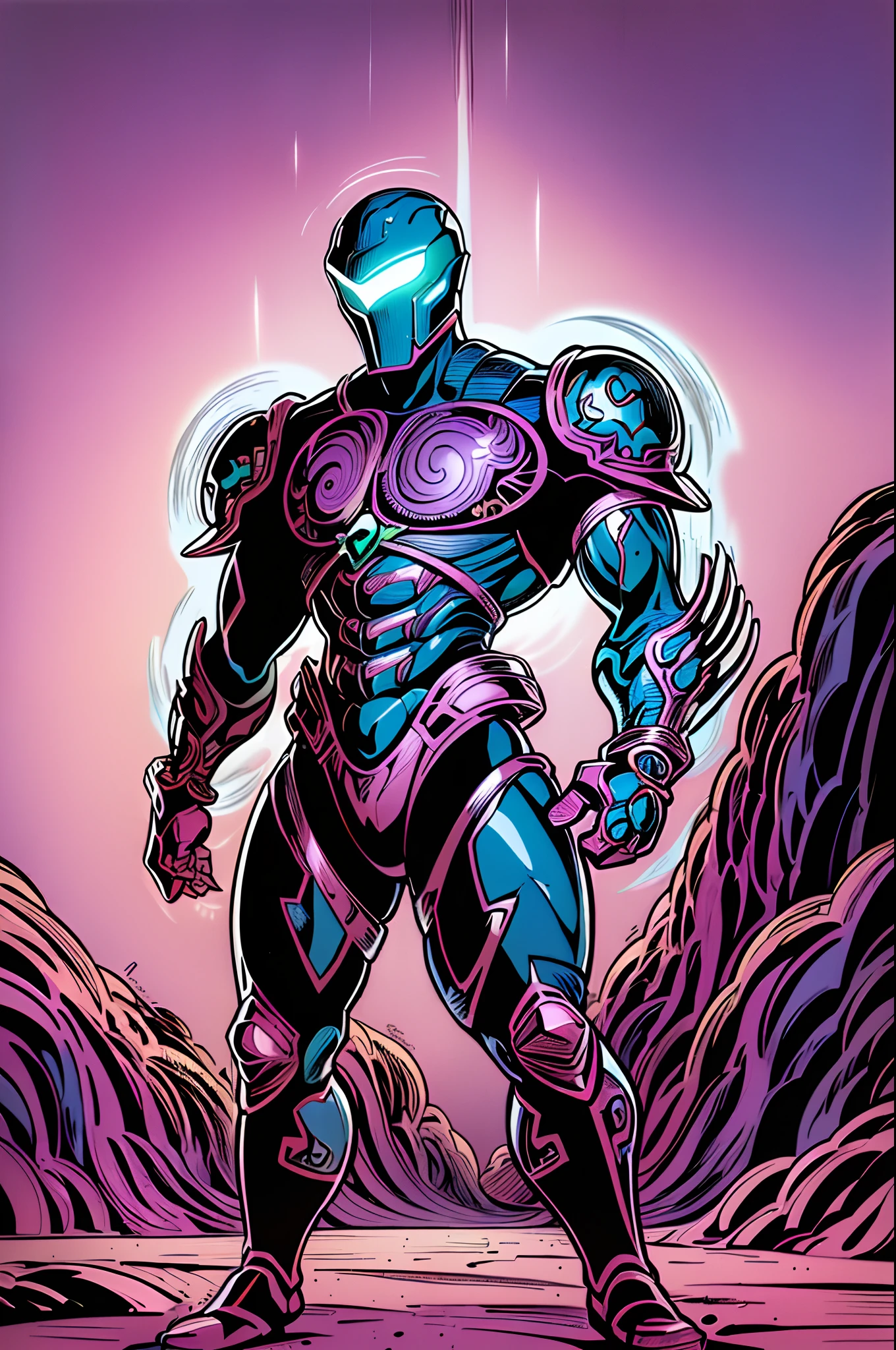 weird edgy superhero, standing, solo, full body, dark, mysterious, surreal, powerful, dramatic lighting, intense colors, comic book style, 60s,methurlant intricate surreal gritty atmospheric cinematic stylized contrast comic eerie cybernetic futuristic