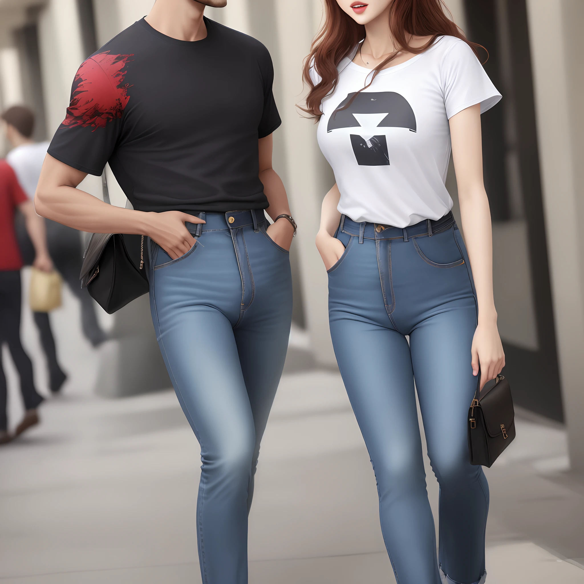 Man pants jeans with a high waist and t-shirt inside the pants.
