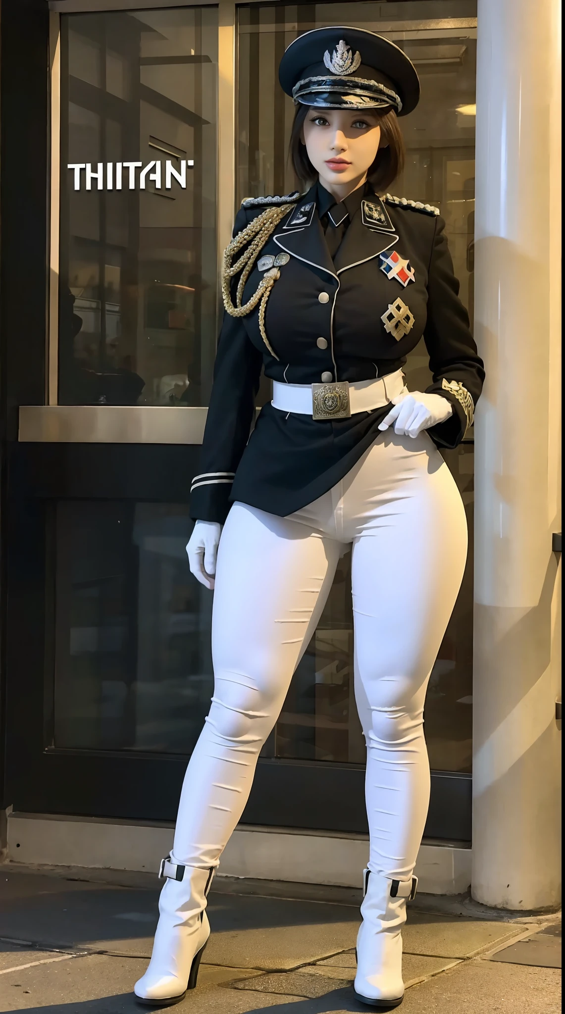 physically-based rendering, 1girl, Female soldier, (bob hair), (huge fake breasts:1.3), (street city), sexy muscular body, slim waist, big buttocks, (Full body:1.3), walking, skintight white army pants, (white military uniform).
