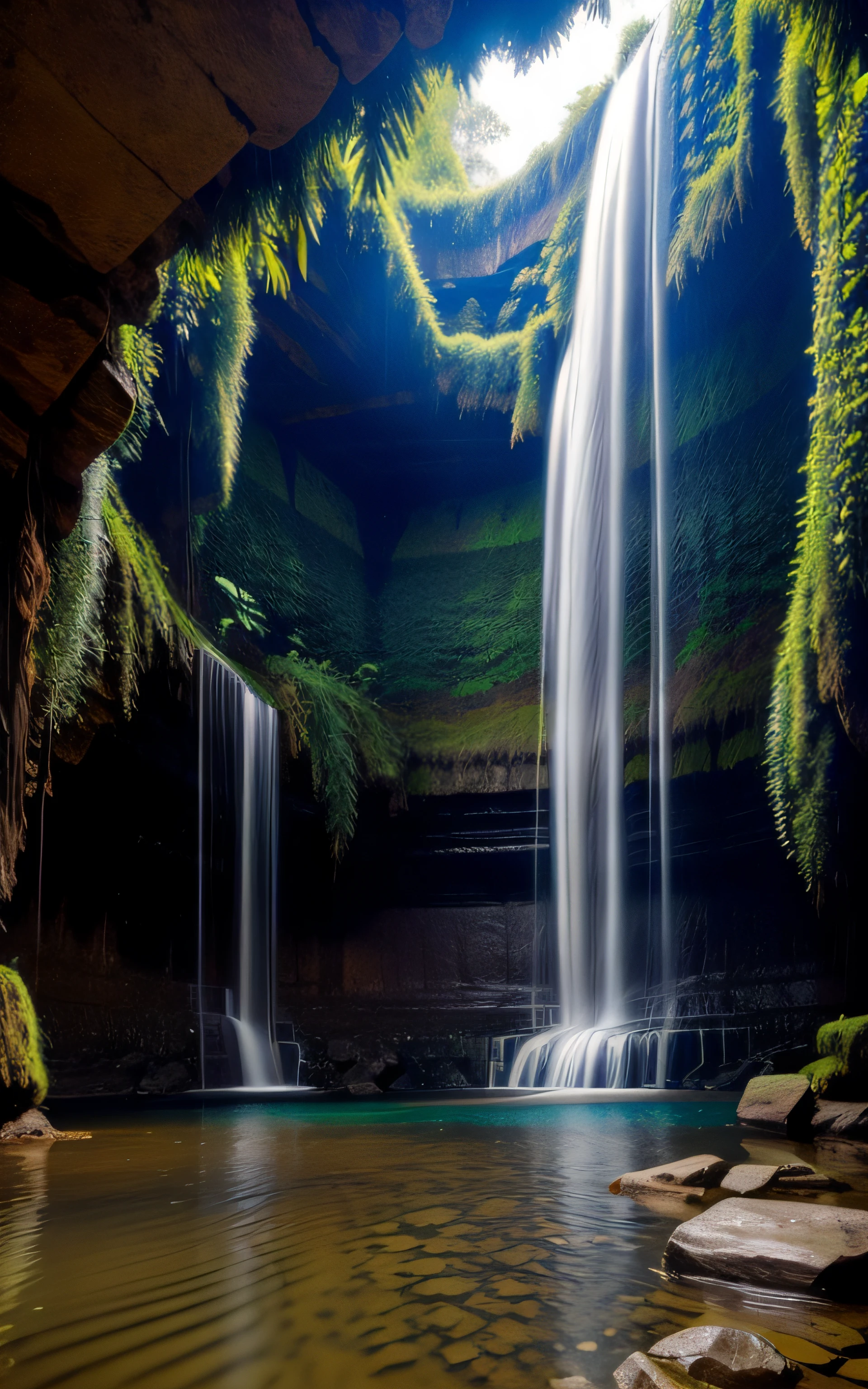 the interior of an ancient jungle waterfall , in the style of impressive panoramas, ethereal images