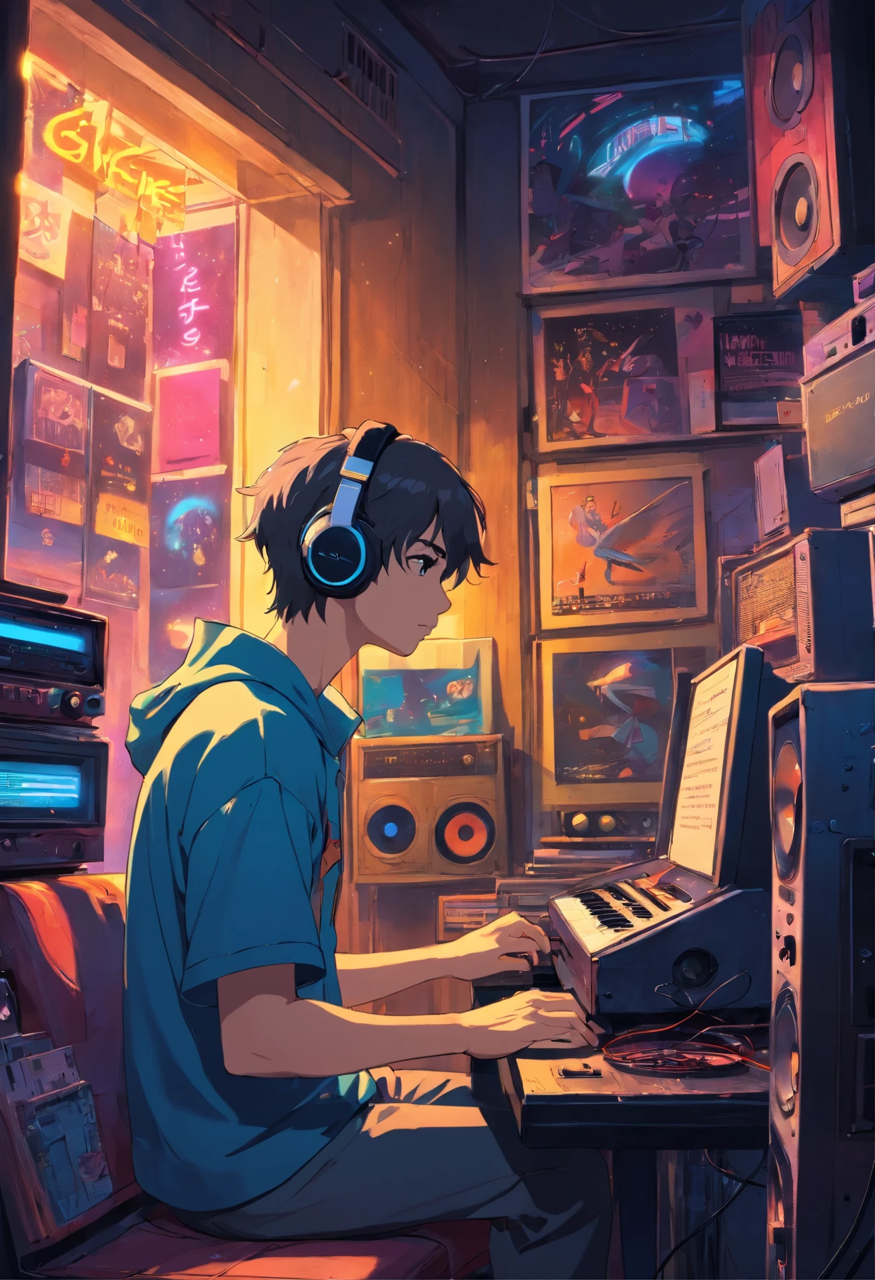 Photo of a man listening to music with headphones, text Why you, Super Detail, Retro wave, Cyberpunk, sad vibe, night light through the window, night vibes, One bedroom, 2D, (Longshot), wide shot, (noise of the film), OLD CARTOON, (many records: 1.3), vinyl record store, (masterpiece, Very high quality, Very high quality, Official Art, Beautiful and Aesthetic: 1.2), (very detailed, (Fractal Art: 1.4 ), Guitar, (notes: 1.4), (lo-fi hip-hop), side view, old anime texture, alone, Loudspeaker, Cyberpunk, vinyl, Night