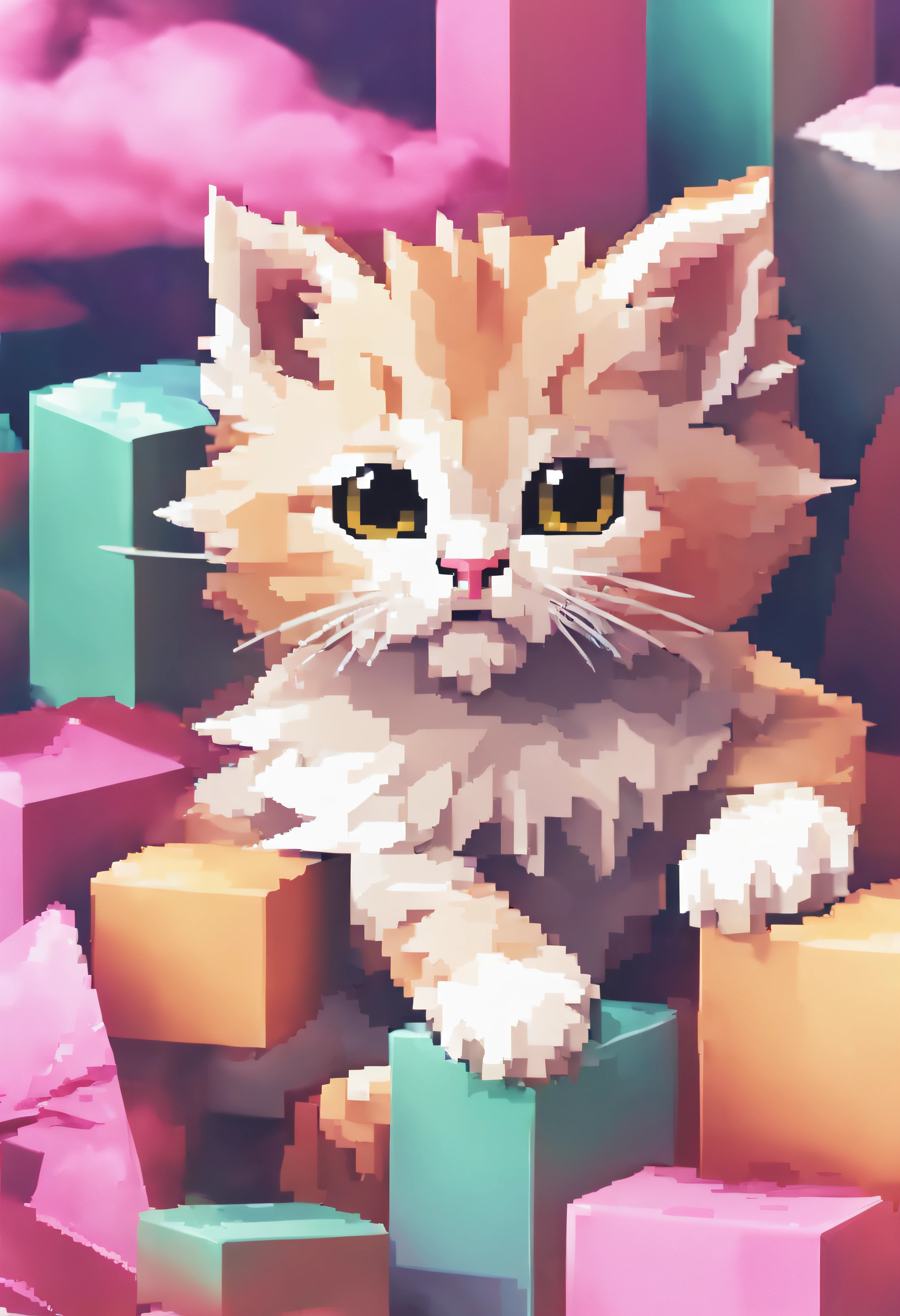 Cute Kitten Pixel Art, A kitten, Playful kittens, 3D pixel art 4K wallpaper.
break
Incredible details of pixel art. pixel image.
break
Theme is Vaporwave.
break
This is detailed Unreal Engine pixel art.
