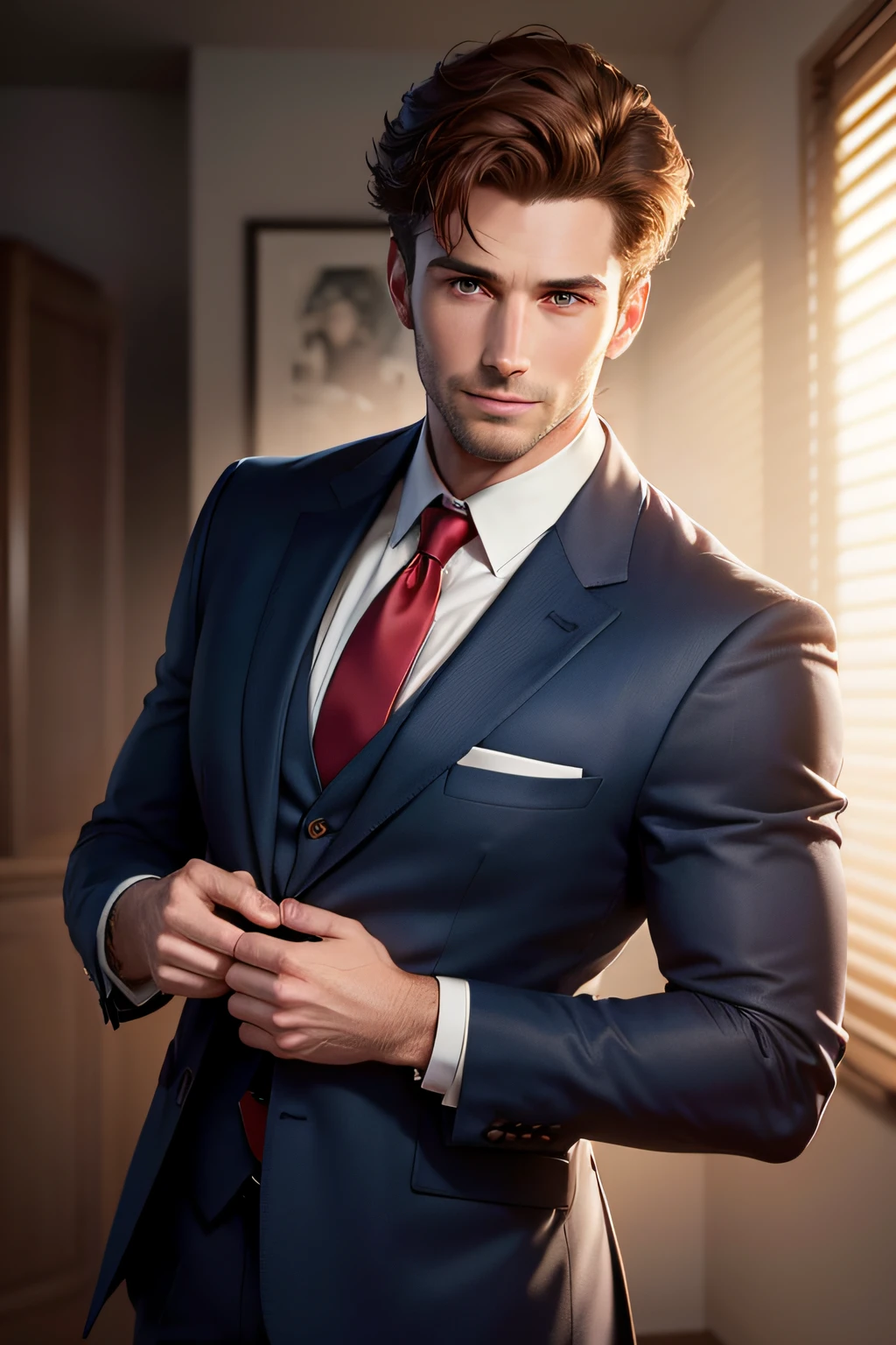 Ultra high-resolution, 8K quality photograph (photorealistic:1.5), human portrait, male, mid-30s, caucasian, wearing a navy blue suit with a red tie, well-groomed short brown hair, standing against a white background, soft studio lighting, detailed facial features, crisp focus, natural skin tones, subtle smile, professional demeanor.