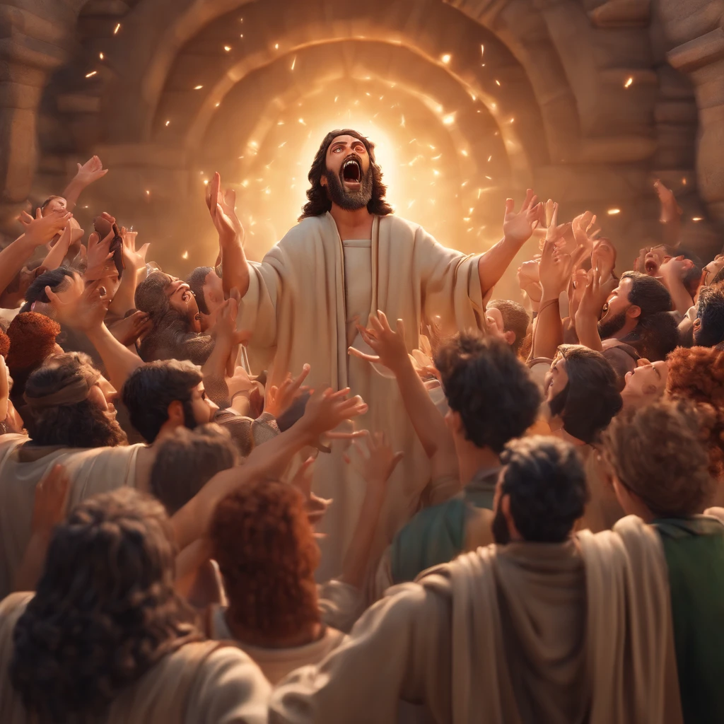 An image of Bartimaeus shouting with his hands outstretched towards Jesus as the surrounding crowd watches him.