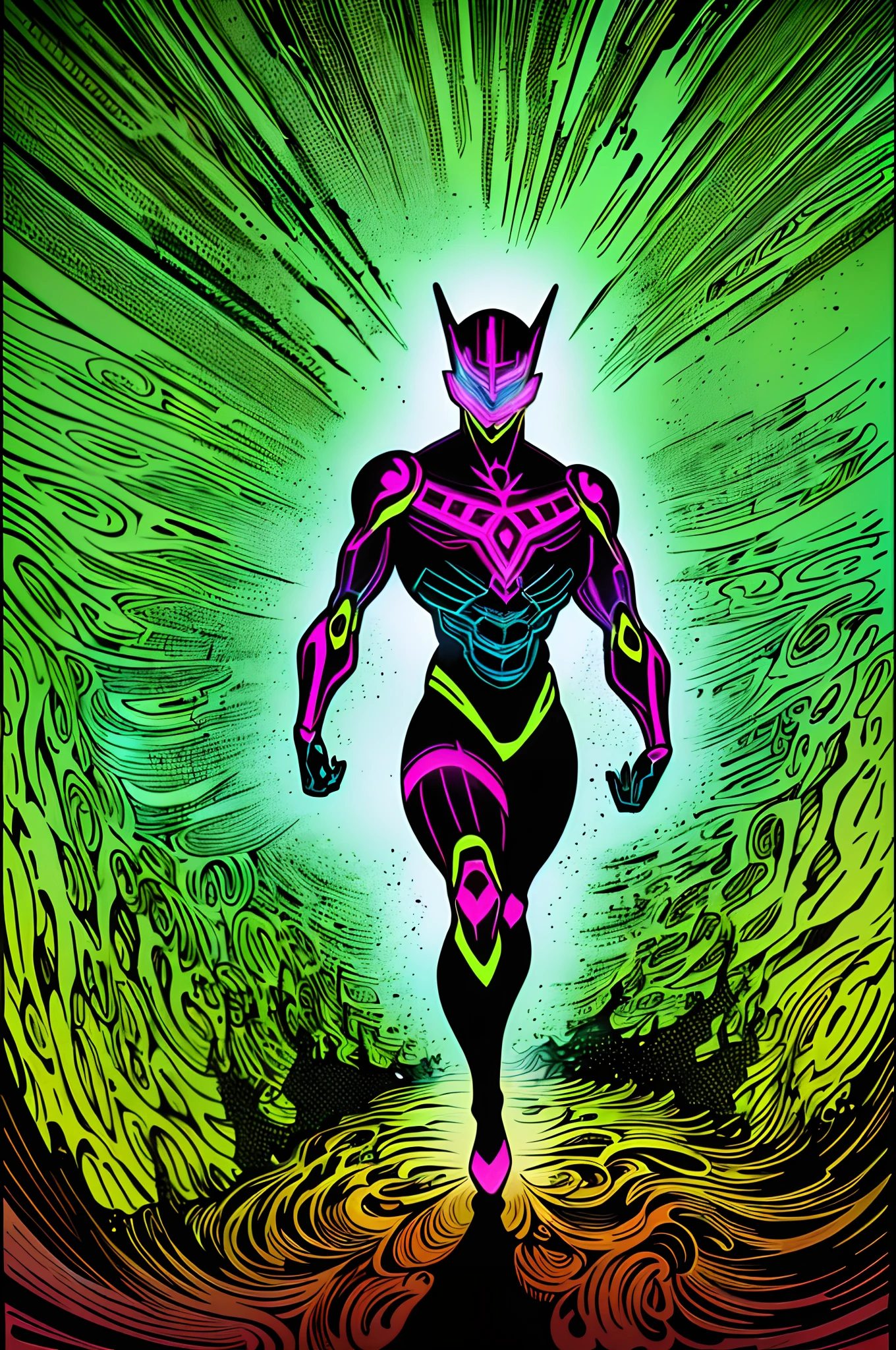 weird edgy superhero, standing, solo, full body, dark, mysterious, surreal, powerful, dramatic lighting, intense colors, comic book style, 60s,methurlant intricate surreal gritty atmospheric cinematic stylized contrast comic eerie cybernetic futuristic, bizzare, eldritch, strang, occult, psychedelyc, surreal, toon