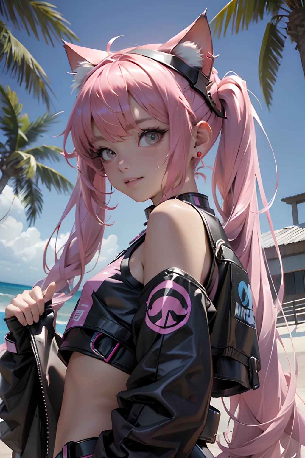 Beautiful woman pink twin tail long hair、cyberpunk style short clothes、Putting on cat ears、gazing at viewer、front facing、A slight smil、sea side、Palm trees
