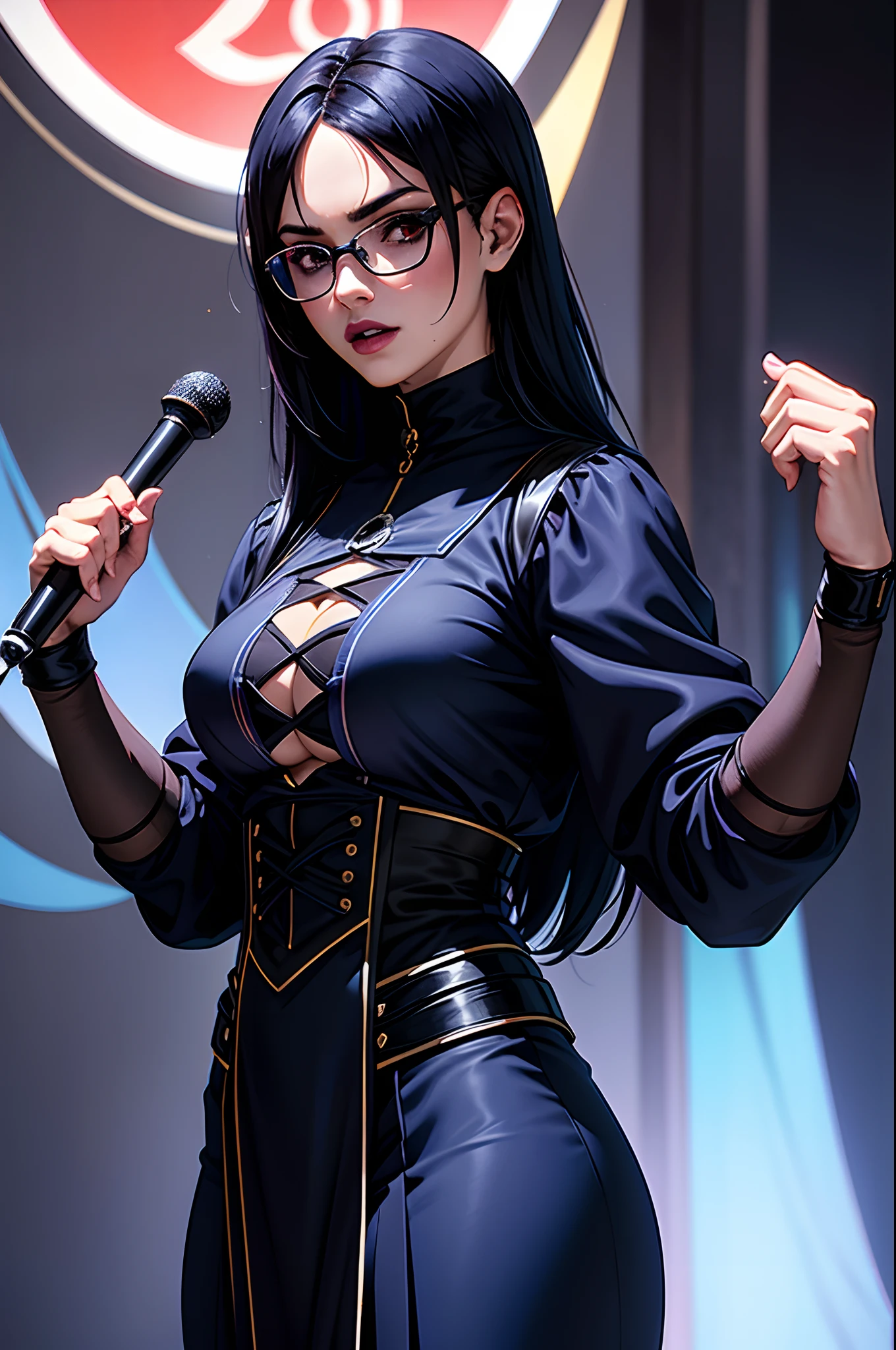 Uma jovem fazendo Cosplay num evento de anime, usando roupas azul e preto, cabelo preto, lentes vermelhas, lo gothic, evento, 8k, roupas de Cosplay, banner, crowd, Magnificent