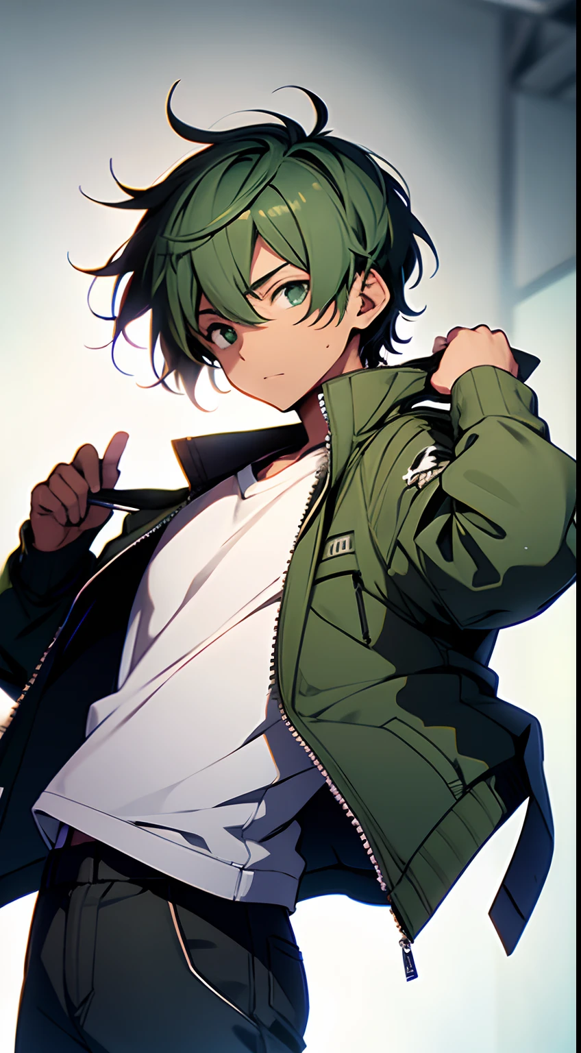 ((Satoshi)) brown short hair, guy, taking off green jacket