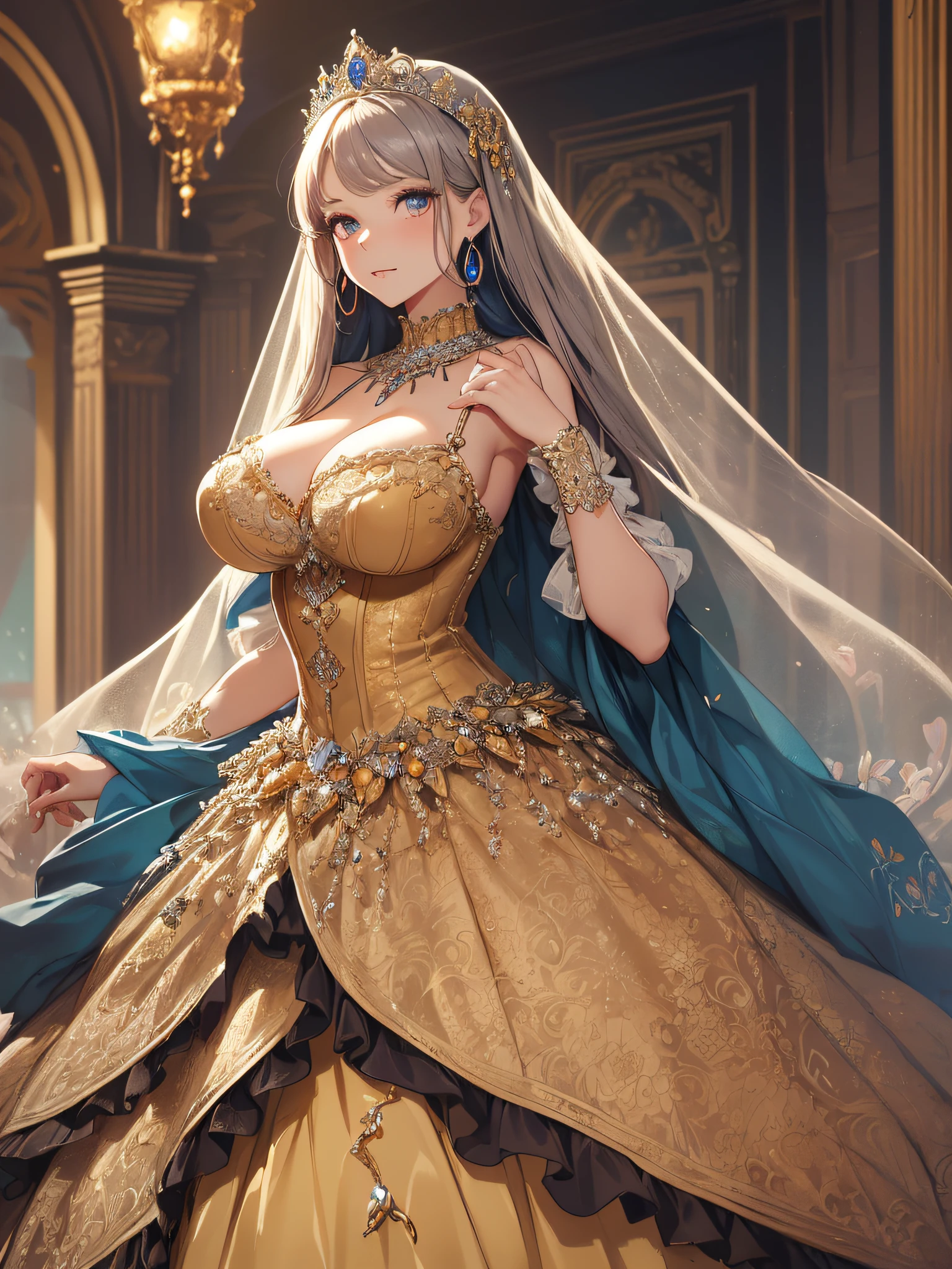 ((anime artstyle)),(Masterpiece),(Best Quality), (Super Detail),((Very Delicate and Beautiful)),cinematic lighting,1 girl,(((full body portrait))),standing in palace,((solo)),digital art,(((1 princess in beautiful embroidery and jeweled gorgeous princess rococo ballgown with voluminous full length hoop skirt))),crinoline,long train,((beautiful embroidery and jeweled)),voluminous frills,See-through,(gorgeous embroidery and beautiful lace),(((gigantic tits,skindentation))),cleavage,((large amount of straight hair,extremely voluminous Hair,Very Long Straight Hair)),((finely detailed face and eyes)),clear pupil,extremely gorgeousfull hair ornament,(bling-bling jeweled extremely gorgeousfull tiara),(bling-bling gorgeous gemstone jewelry),long veil,(beautiful background),full body,((gorgeous princess rococo ballgown with voluminous full length hoop skirt))