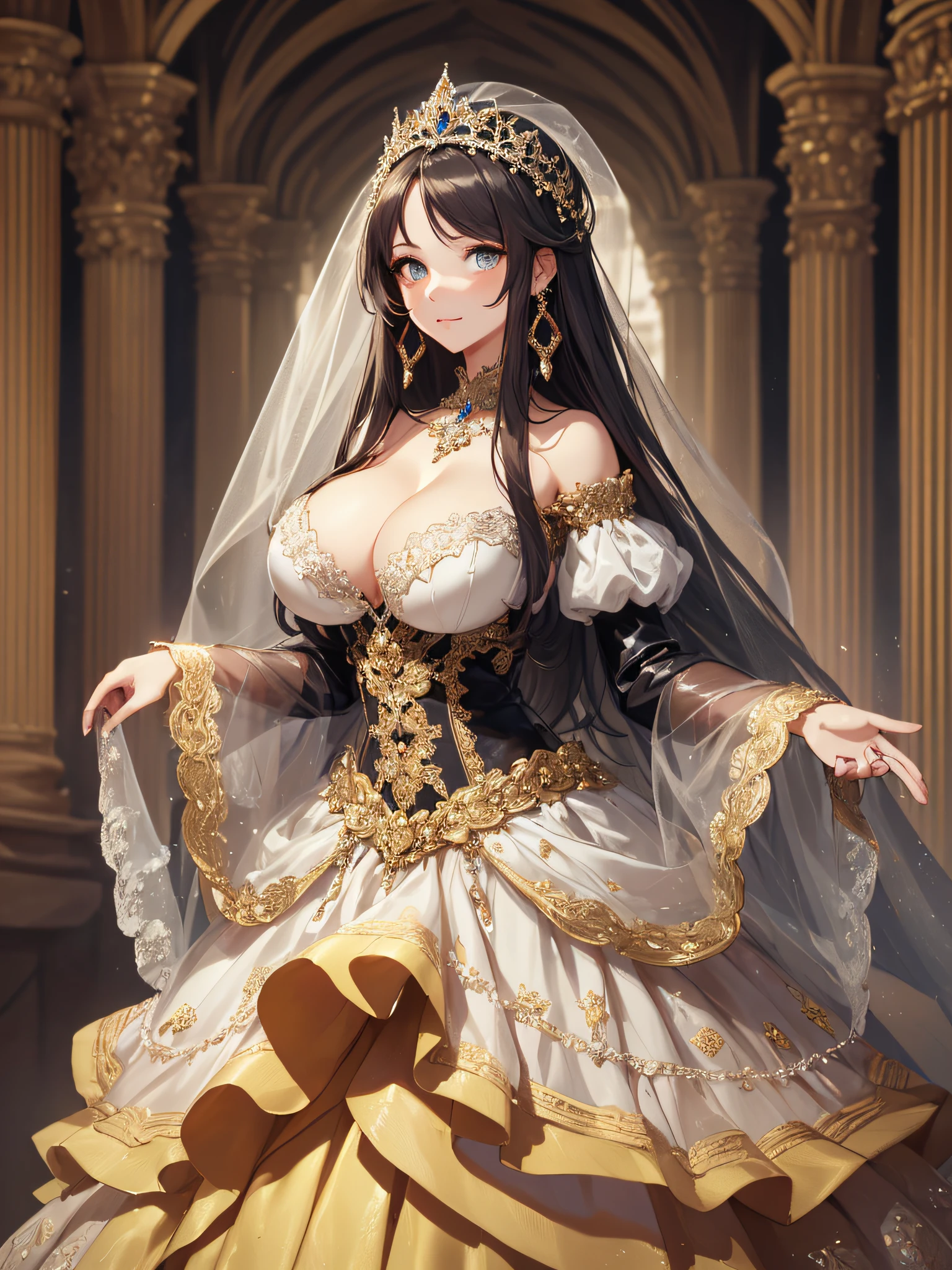 ((anime artstyle)),(Masterpiece),(Best Quality), (Super Detail),((Very Delicate and Beautiful)),cinematic lighting,1 girl,(((full body portrait))),standing in palace,((solo)),digital art,(((1 princess in beautiful embroidery and jeweled gorgeous princess rococo ballgown with voluminous full length hoop skirt))),crinoline,long train,((beautiful embroidery and jeweled)),voluminous frills,See-through,(gorgeous embroidery and beautiful lace),(((gigantic tits,skindentation))),cleavage,((large amount of straight hair,extremely voluminous Hair,Very Long Straight Hair)),((finely detailed face and eyes)),clear pupil,extremely gorgeousfull hair ornament,(bling-bling jeweled extremely gorgeousfull tiara),(bling-bling gorgeous gemstone jewelry),long veil,(beautiful background),full body,((gorgeous princess rococo ballgown with voluminous full length hoop skirt))