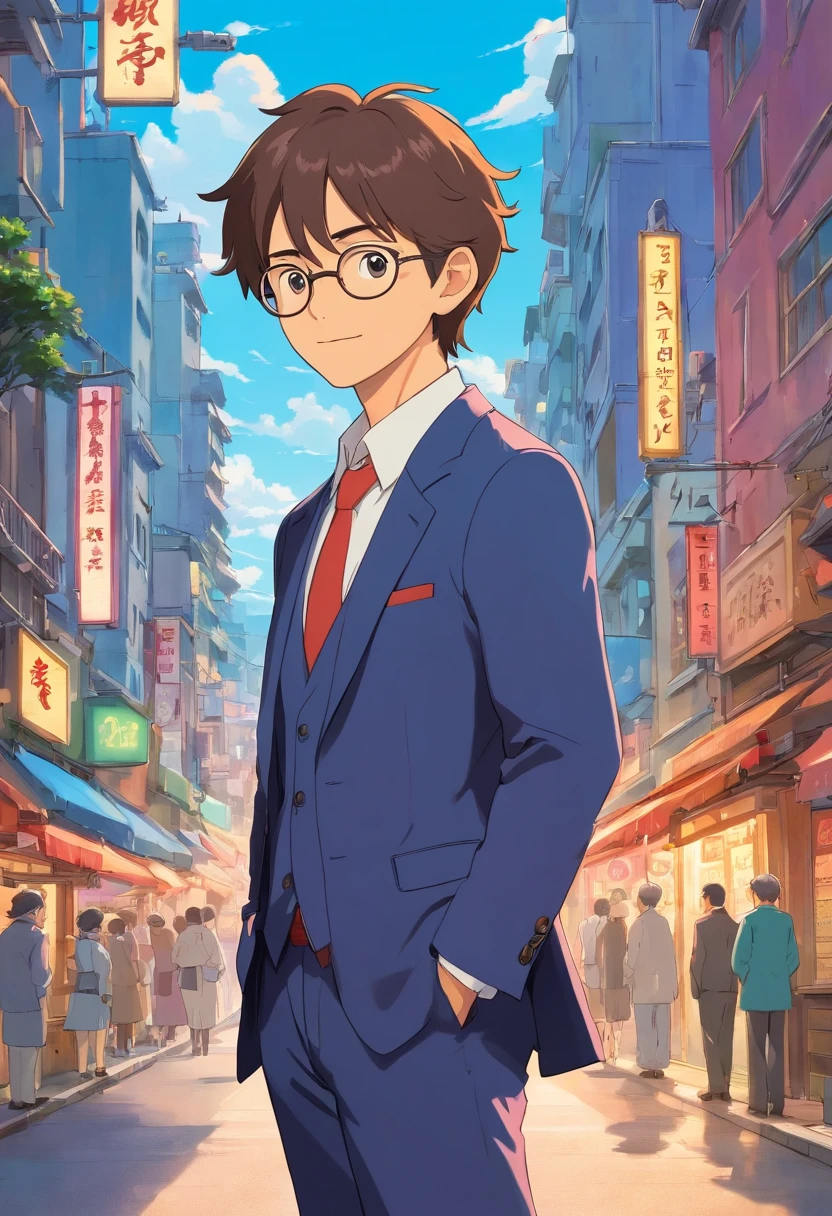 Cute 37-year-old man in anime in city suit