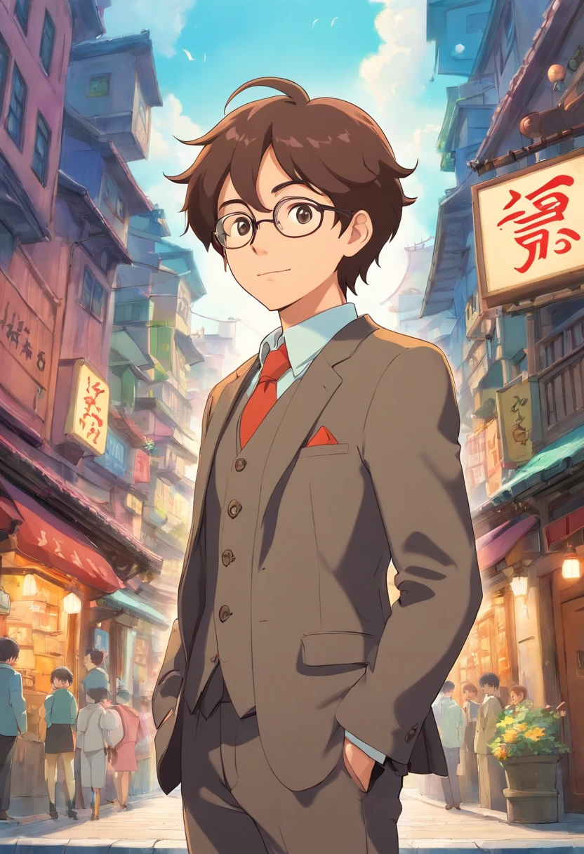 Cute 37-year-old man in anime in city suit