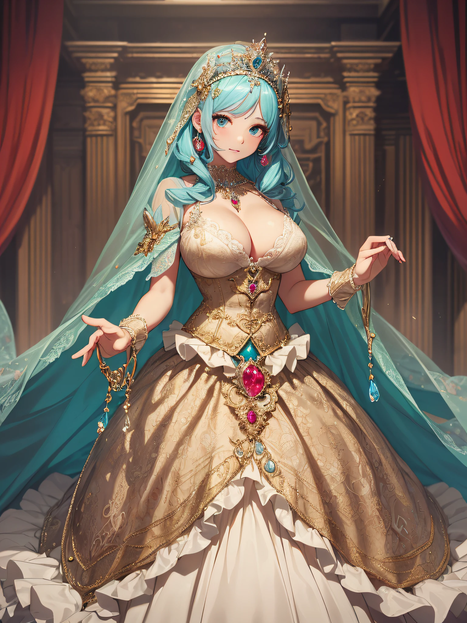 ((anime artstyle)),(Masterpiece),(Best Quality), (Super Detail),((Very Delicate and Beautiful)),cinematic lighting,1 girl,(((full body portrait))),standing in palace,((solo)),digital art,(((1 princess in beautiful embroidery and jeweled gorgeous princess rococo ballgown with voluminous full length hoop skirt))),crinoline,long train,((beautiful embroidery and jeweled)),voluminous frills,See-through,(gorgeous embroidery and beautiful lace),(((gigantic tits,skindentation))),cleavage,((large amount of straight hair,extremely voluminous Hair,Very Long Straight Hair)),((finely detailed face and eyes)),clear pupil,extremely gorgeousfull hair ornament,(bling-bling jeweled extremely gorgeousfull tiara),(bling-bling gorgeous gemstone jewelry),long veil,(beautiful background),full body,((gorgeous princess rococo ballgown with voluminous full length hoop skirt))