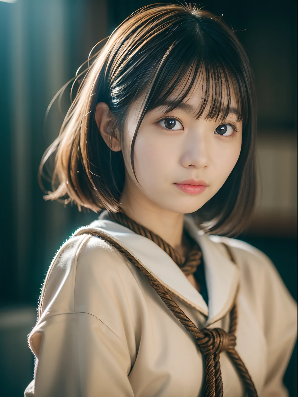 masutepiece, Best Quality, Unity 8k壁纸, Realistic, Photorealsitic, highly detailed back ground, Fuji Film, Analog style photo of a cute girl, Realistic eyes, Realistic skin, moist lips, Soft lighting, Natural light, light Shafts, lighting on the face, Film grain, Canon EOS 5D, 35 mm, F1.8, Russell James Pictures, (SFW:1.2), (Lori:1.1), (age19:1.3), Toddler, (Small lips:1.1), (small mouth:1.1), (small nose:1.2), Full body, (Bind the whole body with rope binding), ((BDSM)), Uniform Naughty Uniform, ((Shibari)), (Japanese Bondage), noose, BREAK, Black hair, Brown eyes,