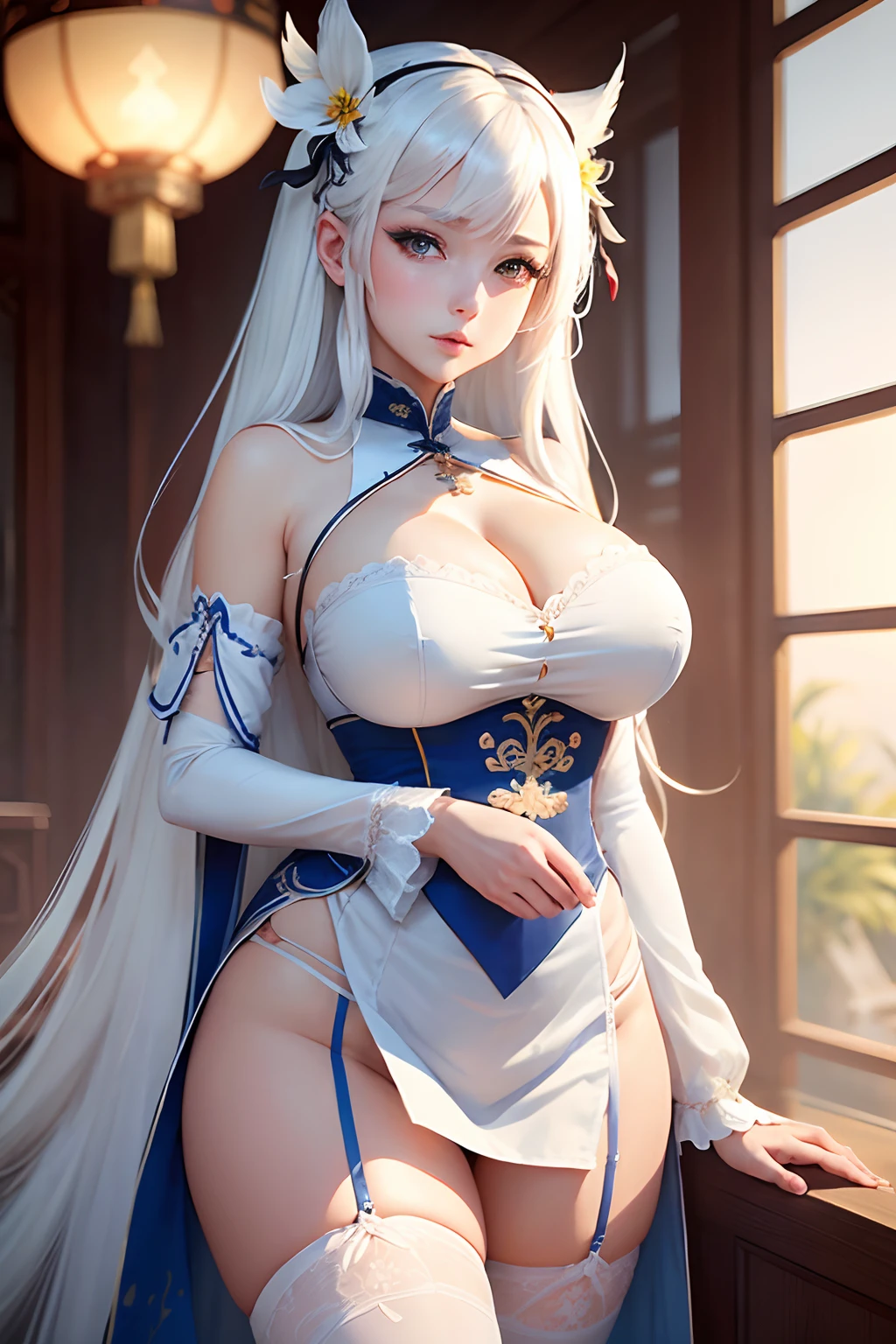masterpiece, best quality, 1girl, illustrious (maiden lily's radiance) (azur lane), white hair, very long hair, blue eyes, hair ornaments, breasts, cleavage, china dress, chinese clothes, official alternate costume, white thighhighs, garter straps, short sleeves, chinese commentary, lantern,