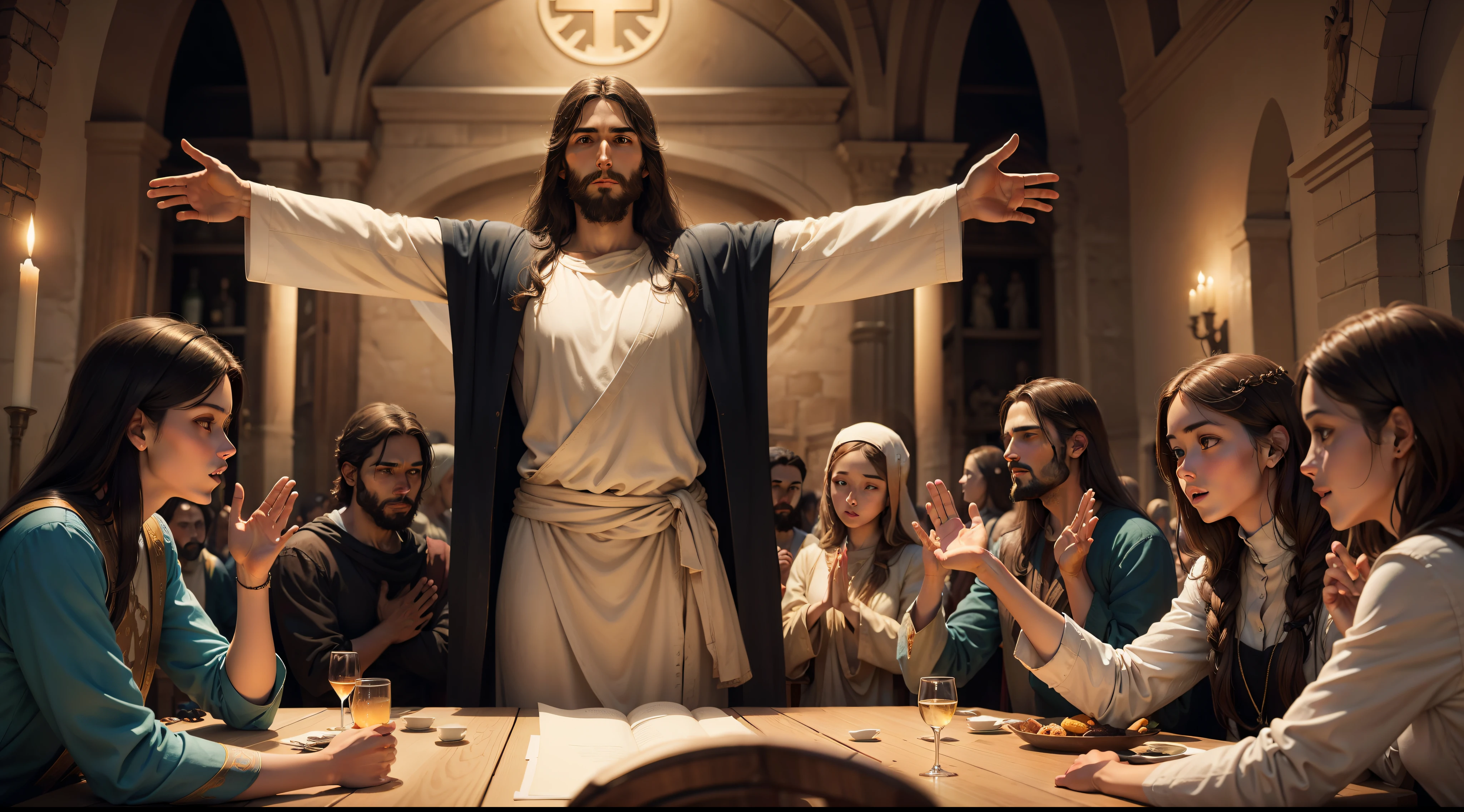 Jesus, depicted with open arms, inviting individuals from various walks of life to join the table.