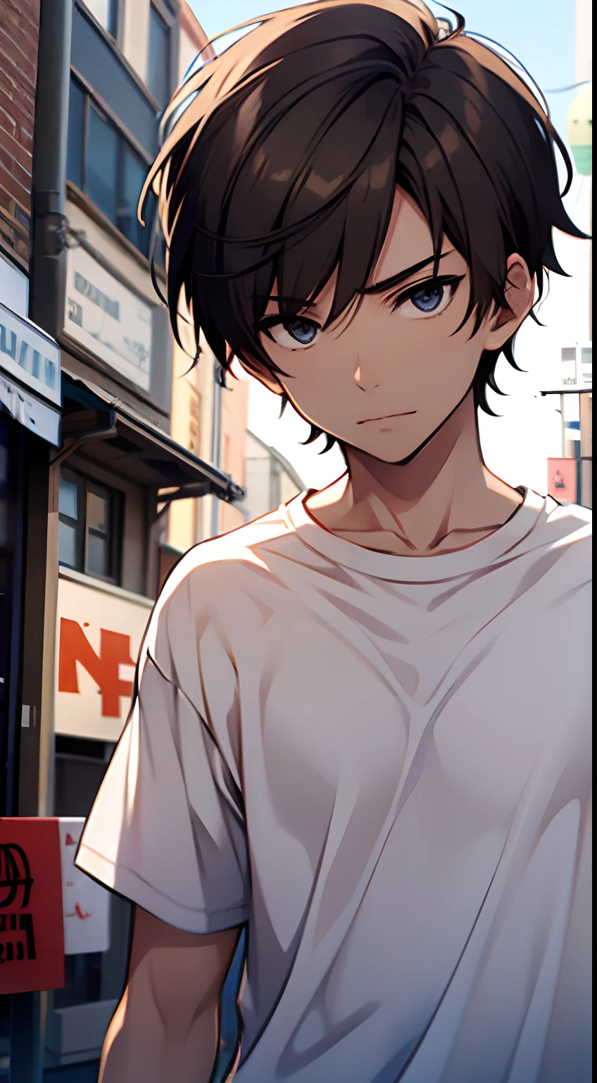 ((Satoshi)) brown short hair, guy, white t-shirt