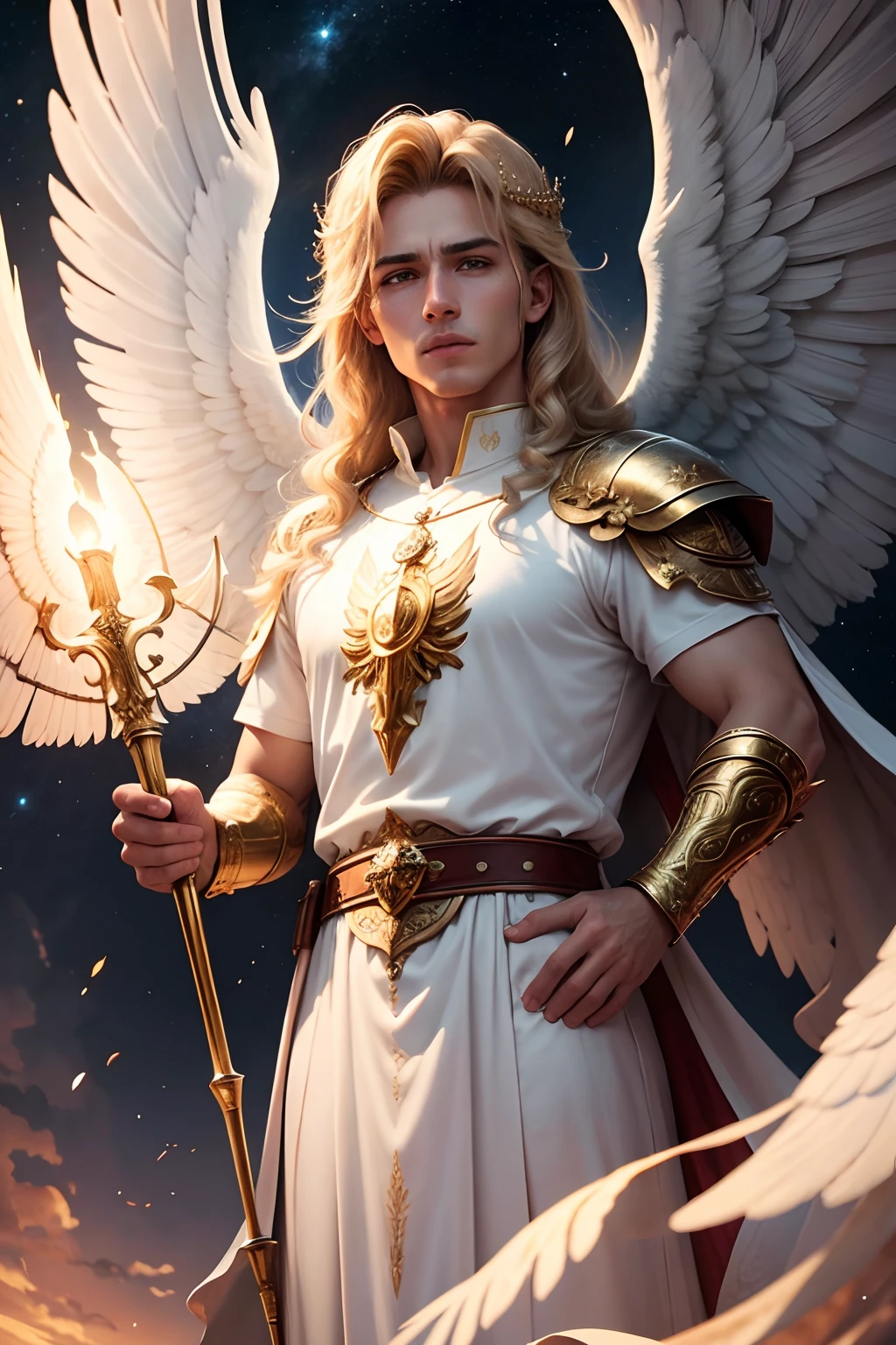 There is a painting of an angel with wings in the sky, Anjo majestoso de corpo inteiro, vestido com roupas brancas e vermelhas, biblical accurate angel, Arcanjo Miguel, anjo protegendo em guarda, angel spirit guide, angelic, Arcanjo Miguel, humano alado, epic angel wings, anjo lindo, anjo, being brilliant angelic, angelic, Tema de anjo, Alto Anjo tiro distante, Biblical setting, anjo guerreiro, with a spear in his hand, vestes vermelhas estilo soldado romano, anjo aparentando idade de 40 anos e majestoso, um personagem masculino, o arcanjo Miguel, imagem celestial, detalhes intricados, realista, asas ROSAS e grandes, angelic background, Catholic illustrative image of the archangel Michael, Male character of the Bible, Michael is wearing his angelic armor, cosmic background, Illumination in the Archangel and in the background, imagem do corpo todo do anjo, Maximum detail and his angelic face and wings, pele perfeita realista, Maximum image quality, Miguel ele esta destacado na imagem com cores fortes e chamativas.