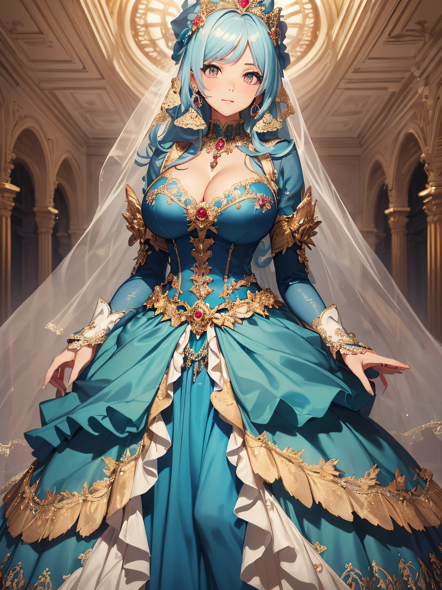 ((anime artstyle)),(Masterpiece),(Best Quality), (Super Detail),((Very Delicate and Beautiful)),cinematic lighting,1 girl,(((full body portrait))),standing in palace,((solo)),digital art,(((1 princess in beautiful embroidery and jeweled gorgeous princess rococo ballgown with voluminous full length hoop skirt))),crinoline,long train,((beautiful embroidery and jeweled)),voluminous frills,See-through,(gorgeous embroidery and beautiful lace),(((gigantic tits,skindentation,gigantic cleavage breasts))),cleavage,((large amount of straight hair,extremely voluminous Hair,Very Long Straight Hair)),((finely detailed face and eyes)),clear pupil,extremely gorgeousfull hair ornament,(bling-bling jeweled extremely gorgeousfull tiara),(bling-bling gorgeous gemstone jewelry),long veil,(beautiful background),full body,((gorgeous princess rococo ballgown with voluminous full length hoop skirt))