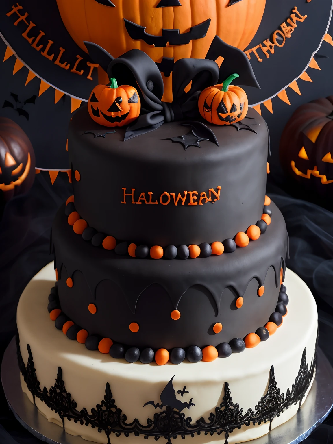 there is a cake with a black and orange design on it, halloween theme, halloween celebration, spooky halloween theme, halloween atmosphere, halloween, in a halloween style, creepy themed, cake art, edited, halloween scene, black and orange, halloween night, half image, halloween film, halloween art style, closeup shot, header text”, profile close-up view