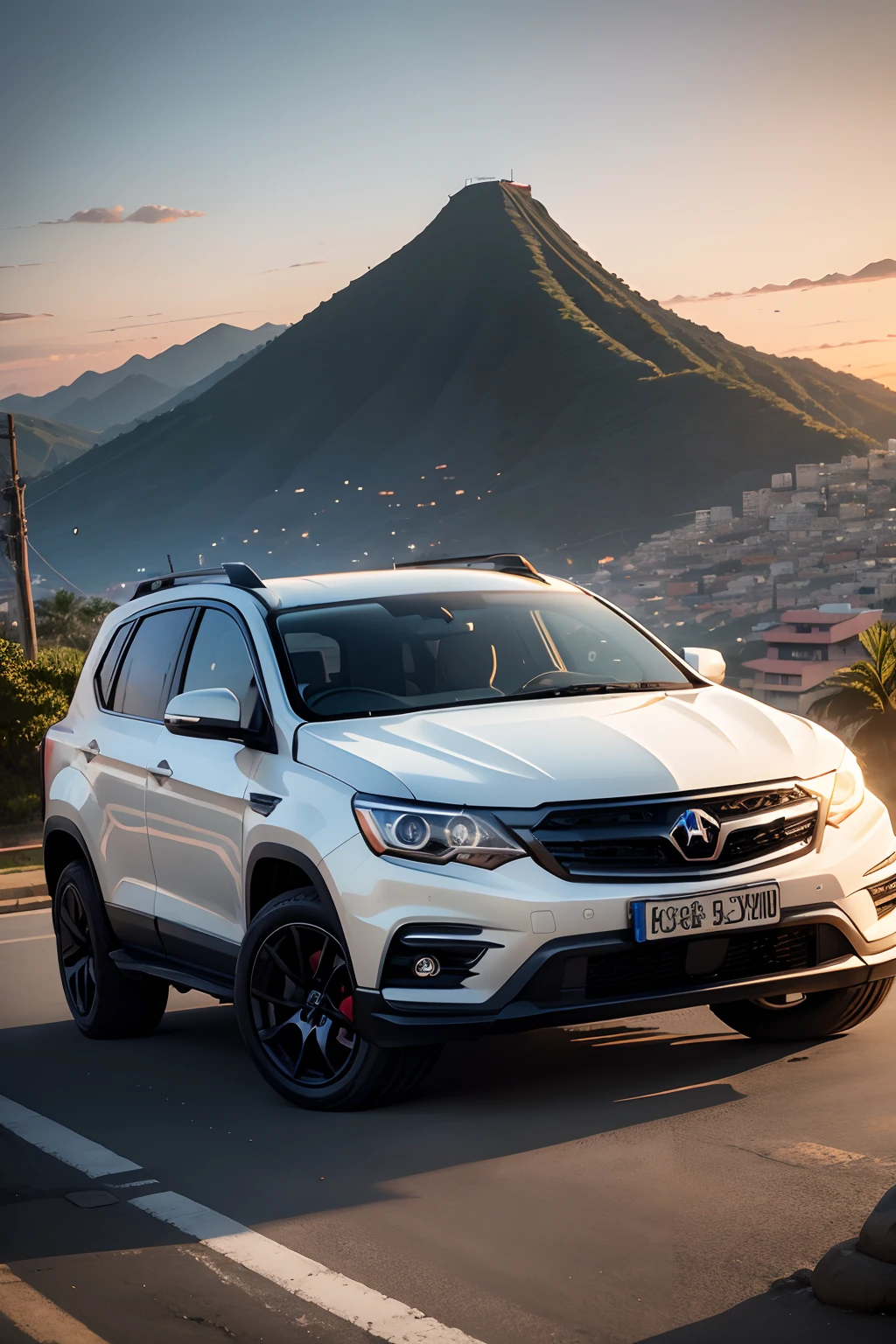 Creates a beautiful favela with hearts and sunsets with a mountain around the Vector style, um carro suv cor branco, um homem e uma mulher dirigem este carro.