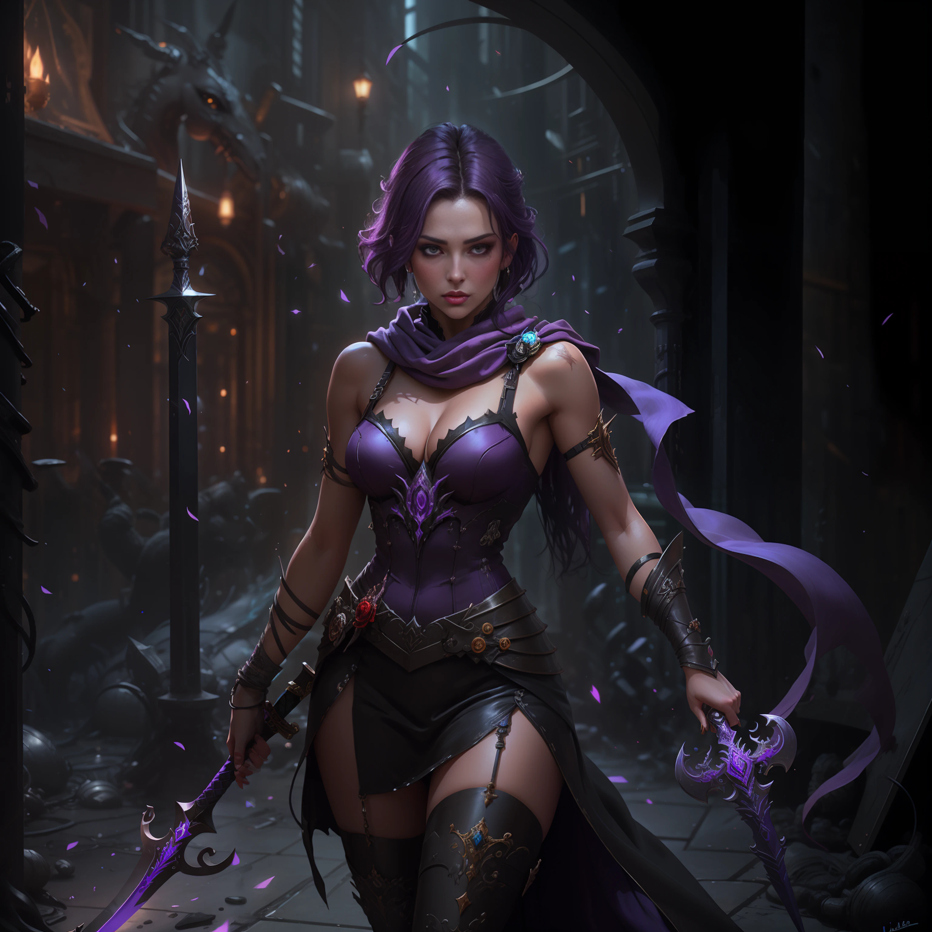 Purple-haired woman in dark dress holding a sword and purple scarf, liliana vess, concept-art | Art germ, artgerm julie bell beeple, WLOP et Artgerm, Phlegm sputum, phlegm | Art germ, alluring mesmer woman, Artgerm et WLOP, Phlegm phlegm art, female occultist