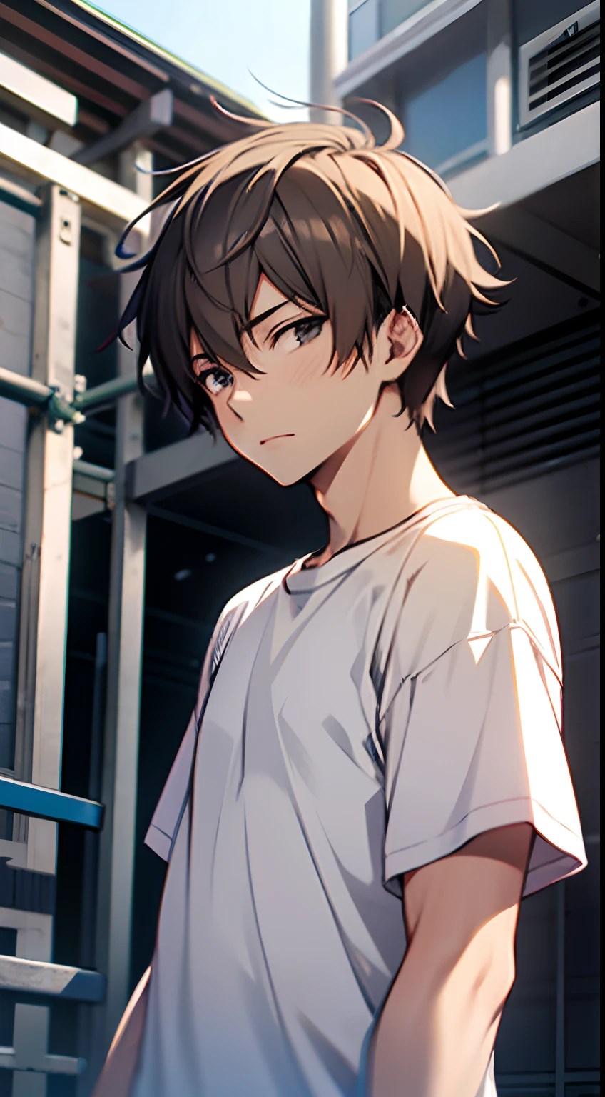 ((Satoshi)) brown short hair, guy, white t-shirt, station