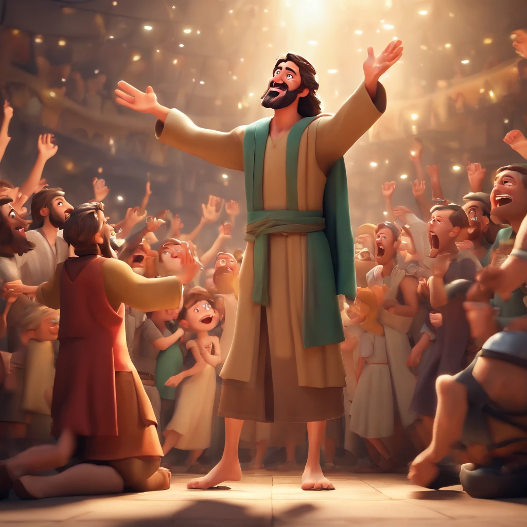 An image of Bartimaeus shouting with his hands outstretched toward Jesus as the surrounding crowd watches him. Disney stylo 3d