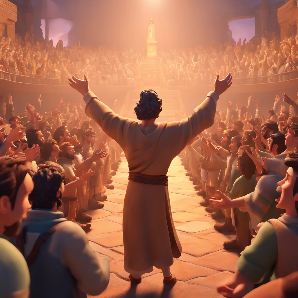 An image of Bartimaeus shouting with his hands outstretched towards Jesus while the crowd around him watches him with an expression of admiration and happiness. Disney style