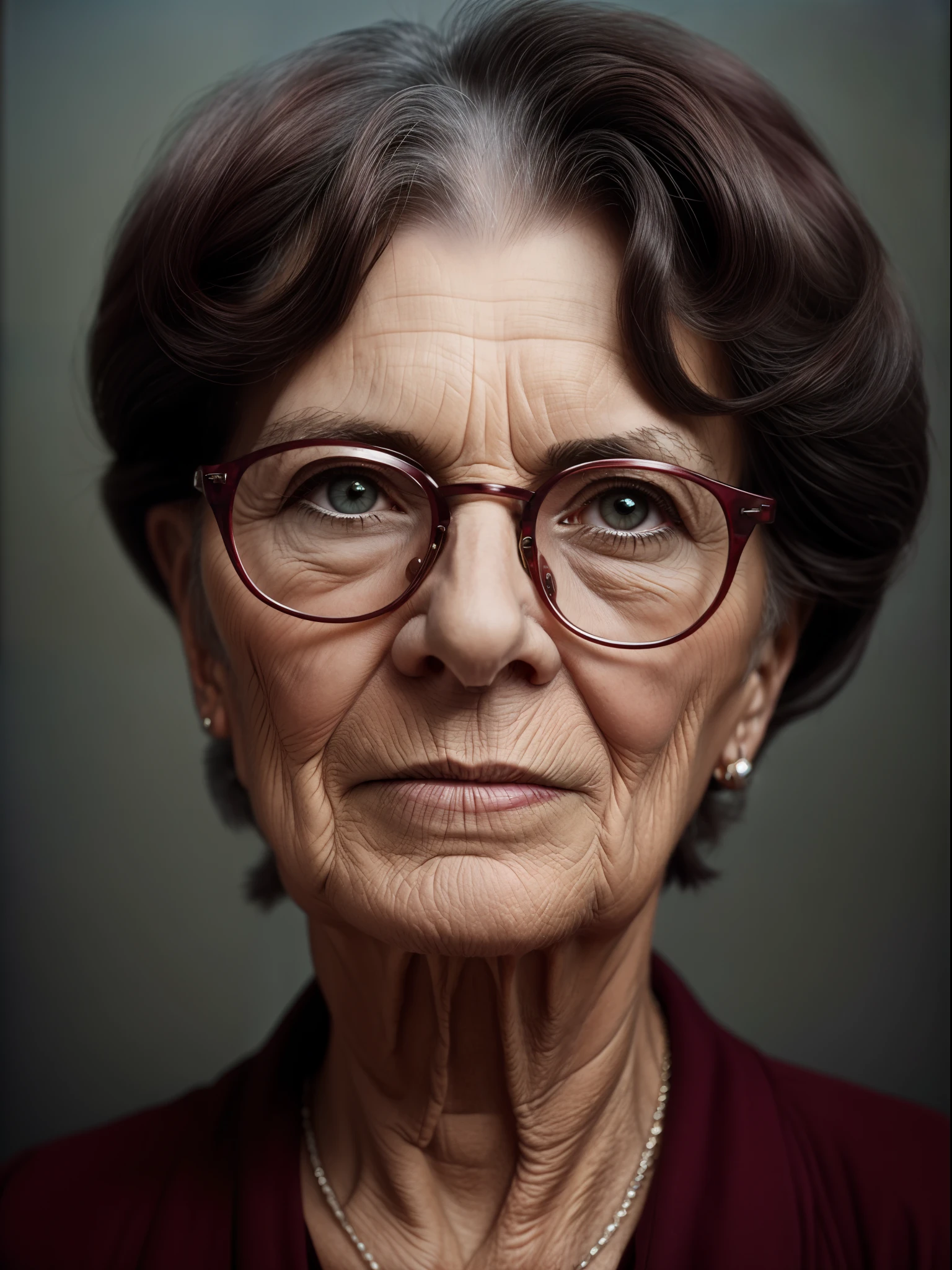 an older woman with short hair and glasses, perfect face detailed, in the style of debbie fleming caffery, light maroon and dark gray, wavy, wiccan, toyen, photo taken with provia, nonrepresentational, masterpiece, realistic, best quality, 32k