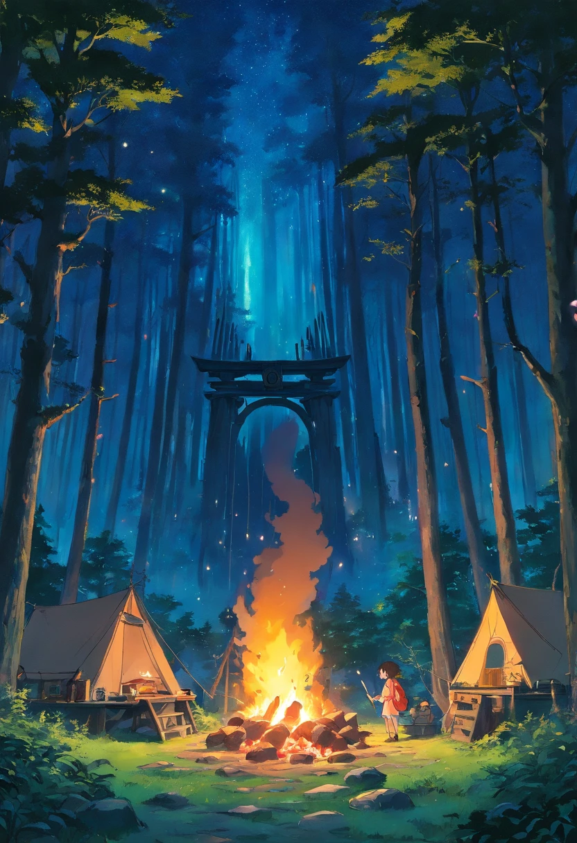 Negative Gate, final fantasy, in the forest, camping, night, campfire , best quality, masterpiece