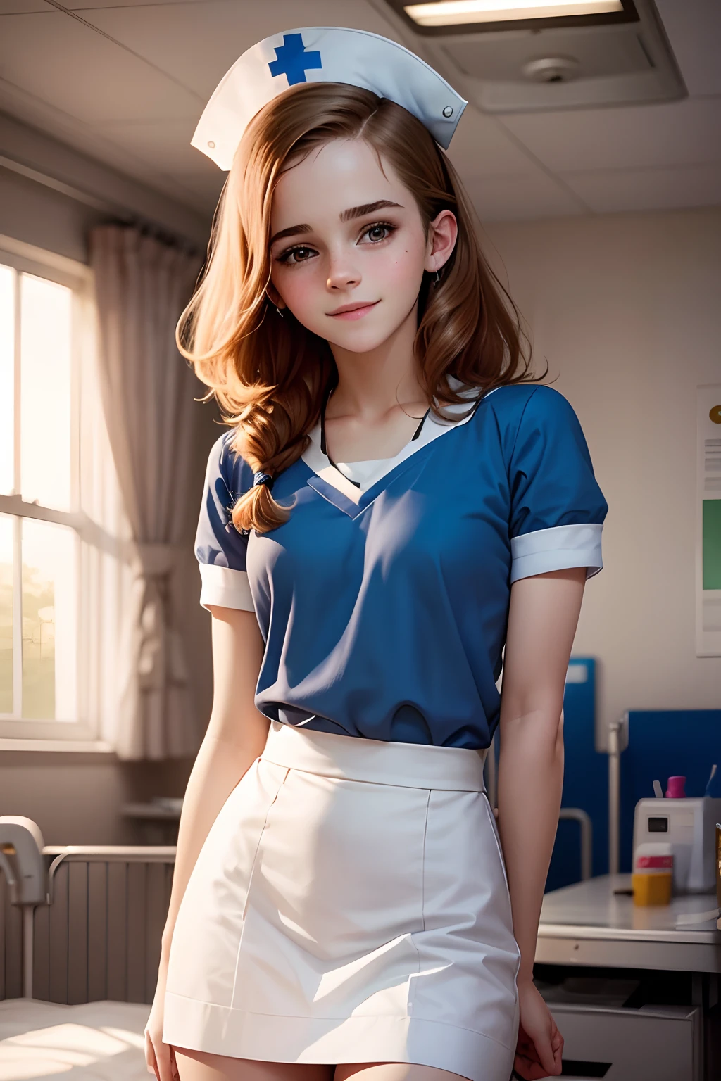 teen Emma Watson as a cute nurse in a hospital ward. cute smile.