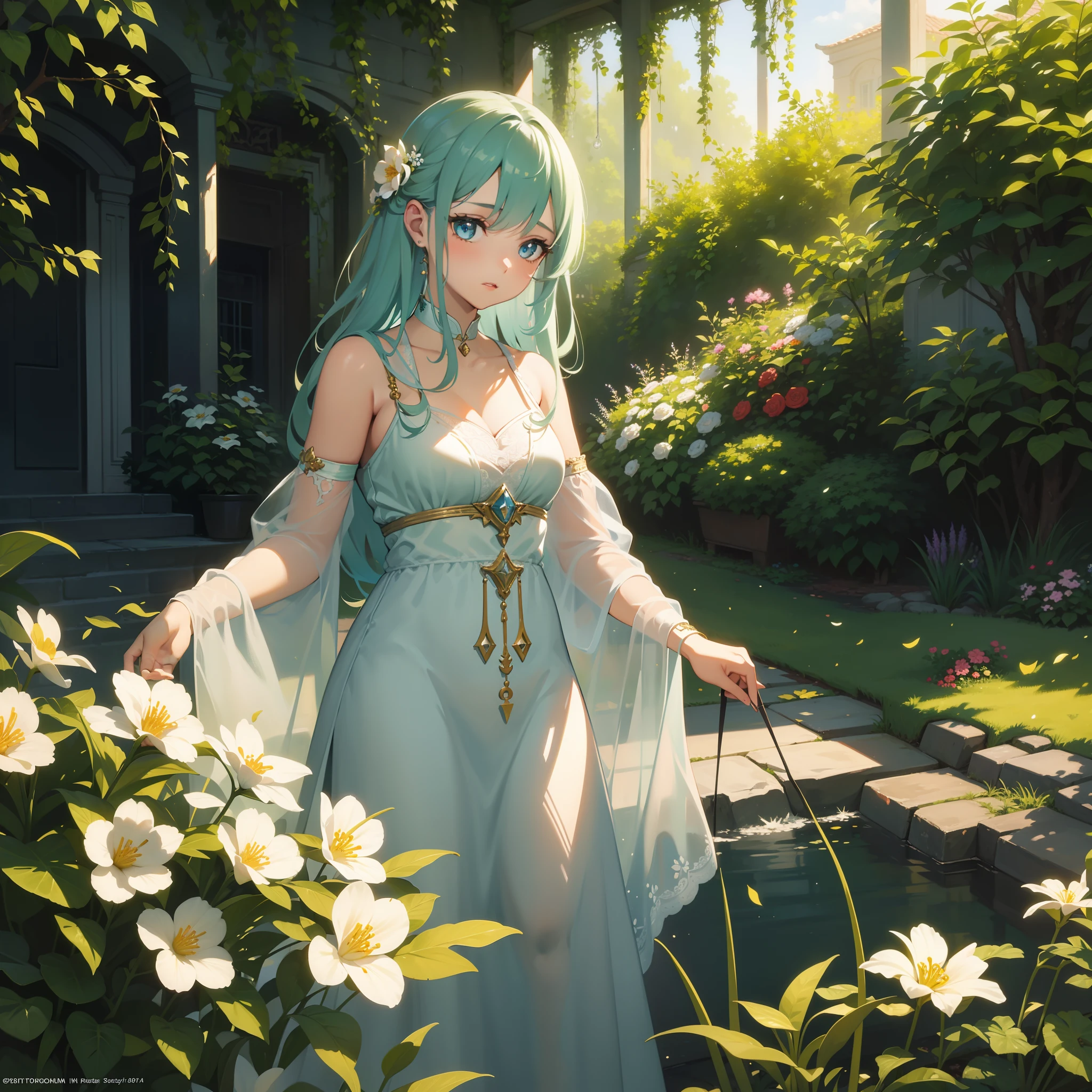 "a girl standing in a lush garden, surrounded by blooming flowers and vibrant greenery. Her eyes are beautifully detailed, with long, fluttering eyelashes. Her lips are delicately painted, giving her a serene and captivating expression. The girl is wearing an elegant dress that flows gracefully around her, accentuating her slender figure. The garden is bathed in warm sunlight, casting a soft and enchanting glow on the scene. The colors in the painting are vivid and vibrant, with a perfect balance of hues. The details in the artwork are exceptionally sharp and realistic, capturing every intricate texture and brushstroke. The overall composition is a masterpiece, showcasing the artist's skill and creativity. The painting is done in a classical style, reminiscent of the old masters. The lighting in the scene is carefully crafted, casting gentle shadows and creating depth. It evokes a sense of tranquility and beauty, enticing the viewer to immerse themselves in this stunning work of art."