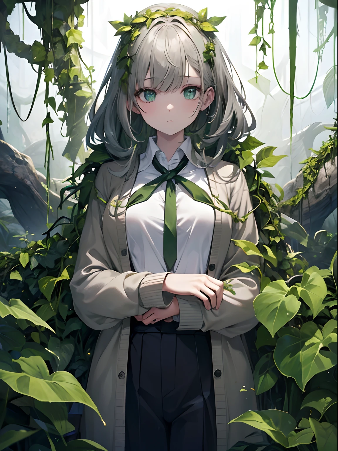 (Masterpiece, Best quality, ultra high resolution),1girl,(plant girl, vines),beautiful and detailed face, detailed eyes, white shirt,cardigan,(grey and dark green theme),in a dark cave covered with withered plants
