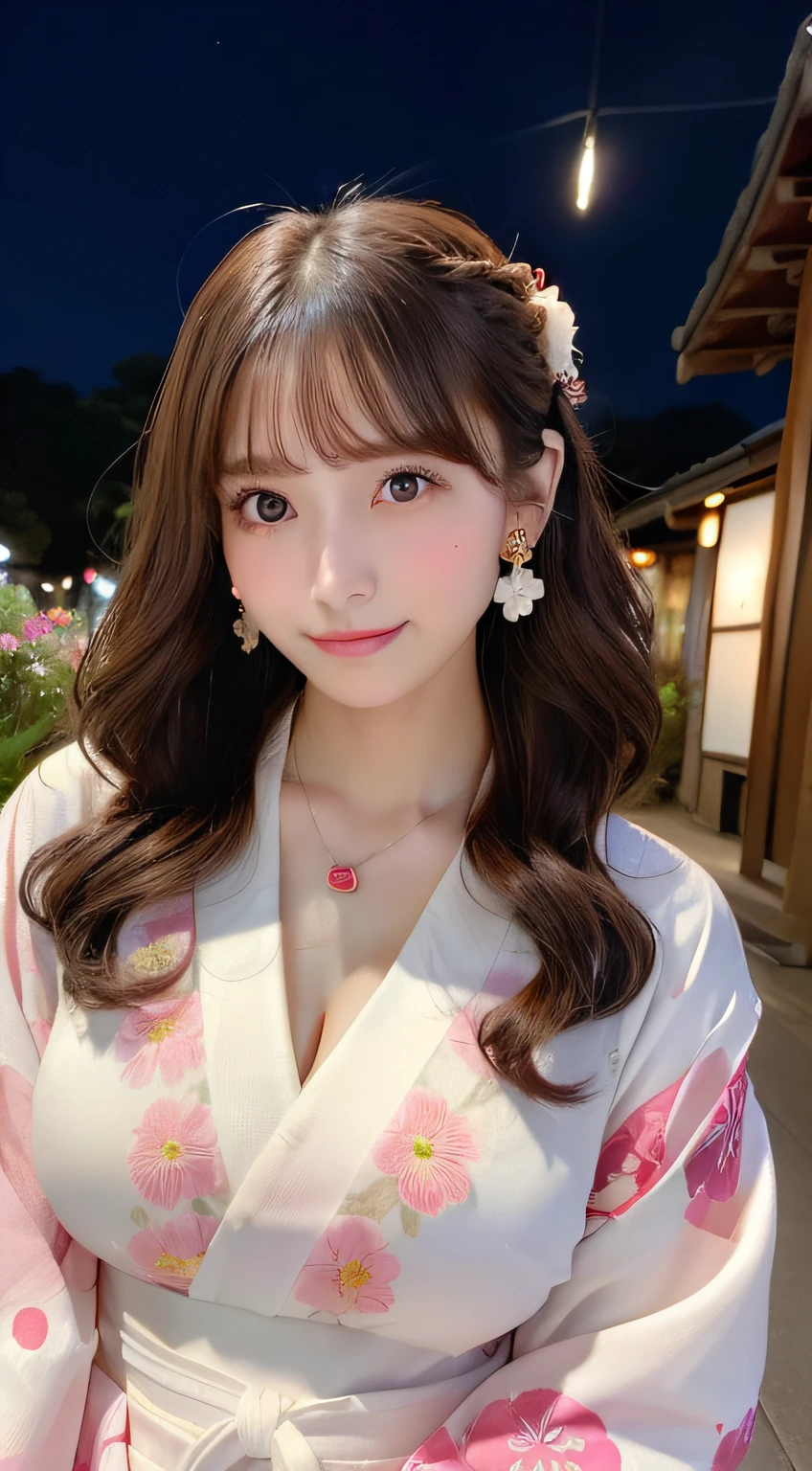 Female((20-years old)), hair((brown, Wavy, long)), Eyes((brown, Smart Eyes)), Clothes((white and spot pink flower kimono)), Accessories ((necklace, earrings)), lipgloss, Smile, Japanese houses, night sky, lantern, big tits, show cleavage,