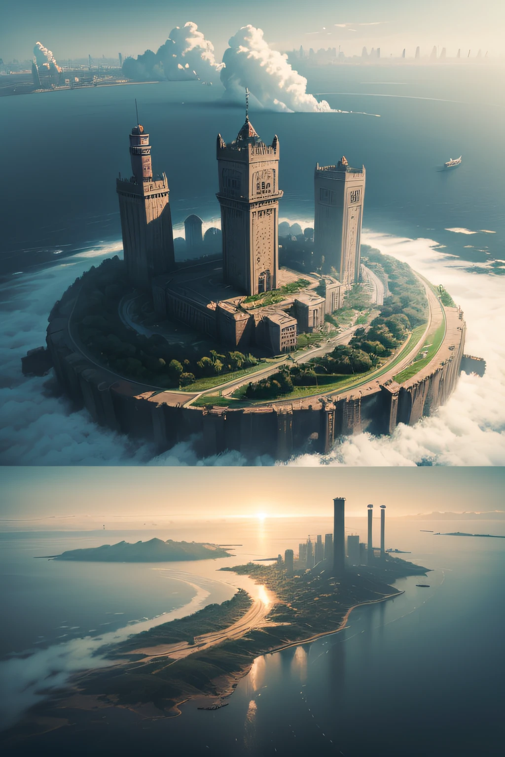 A large island covered in fog, with a city, factories and a prison on it and some trees covering part of the island.