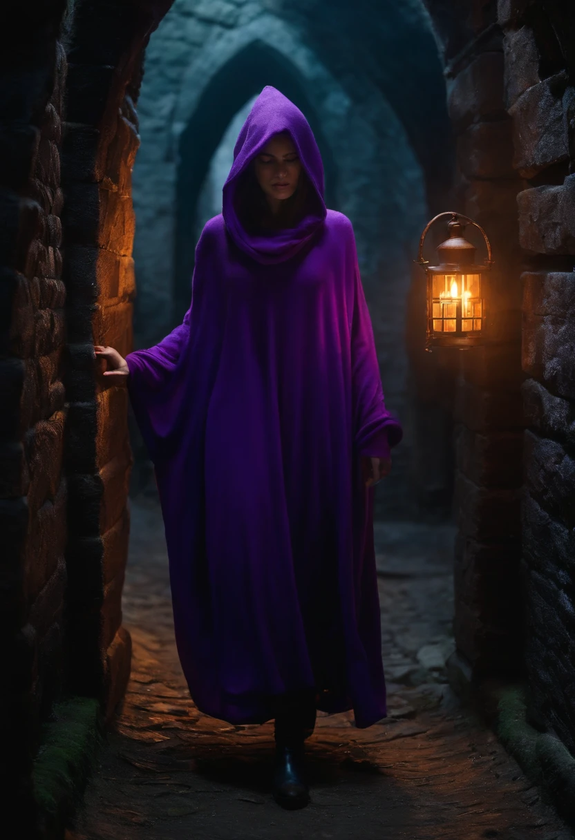 A witch in a long purple hoodie and a long scarf enters the dungeon