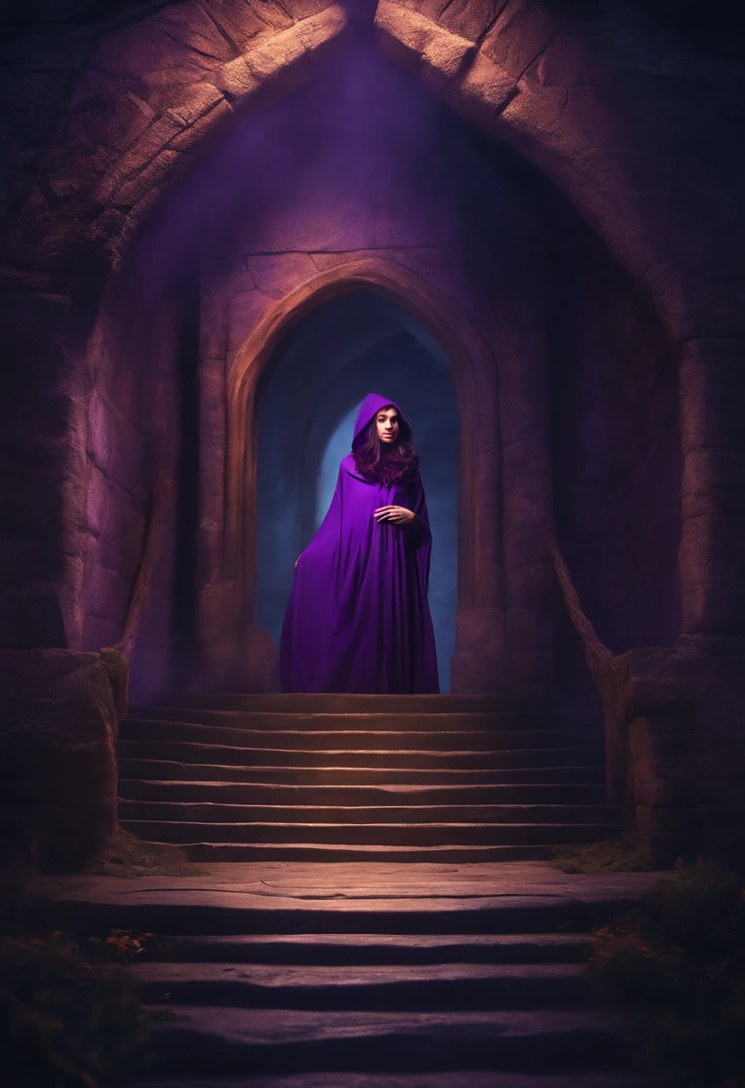 A witch in a long purple hoodie and a long scarf enters the dungeon