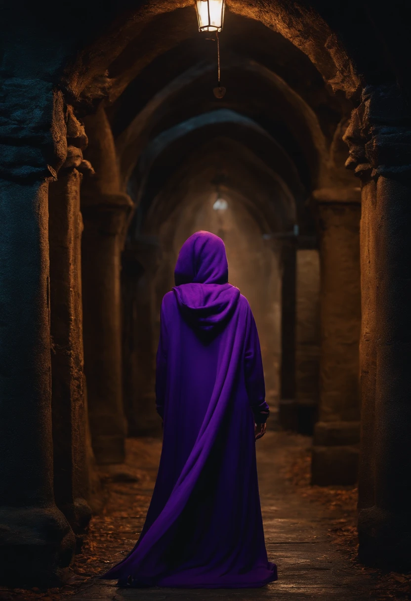 A witch in a long purple hoodie and a long scarf enters the dungeon