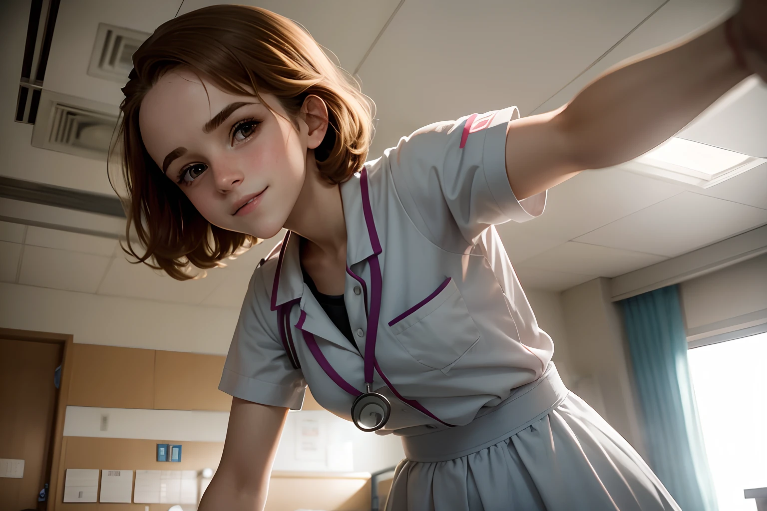 Emma Watson as a cute nurse in a hospital ward. cute smile. standing by a bed.