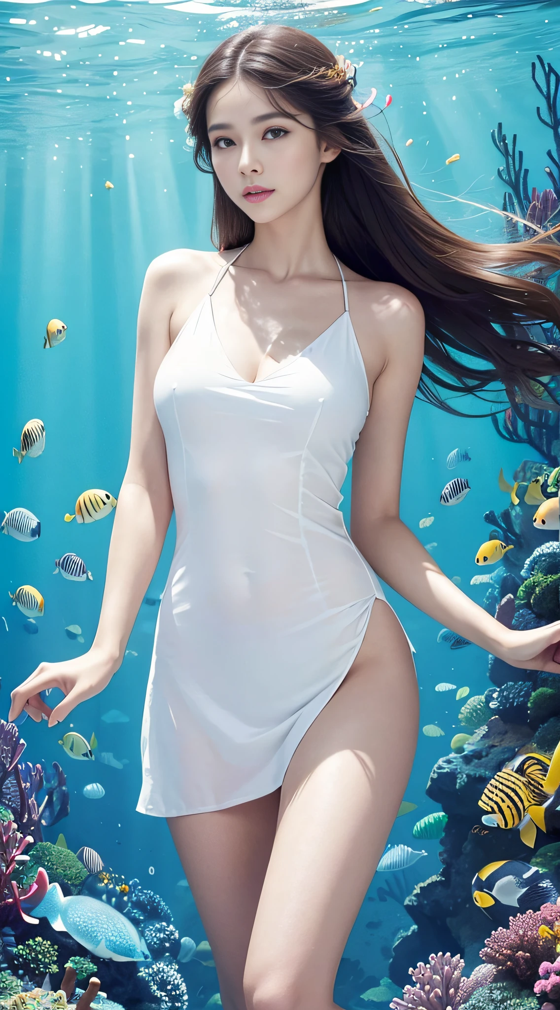 (16k, Top quality, Masterpiece, Fidelity :1.2), 1 Stunning mature beauty, （The face is delicate and cute，The facial features are delicate and well-proportioned） , cute beautiful，Cute expressions，美丽细致的眼睛,, The eyes are big and round， (Perfect finger proportions，Realistic realistic fingers), (Perfect body: 1.1),huge tit， [[[Deep cleavage]]], The leg proportions are perfect,Very slender legs， Beautiful,  Sexy little lips，beautiful detailed lips，Smile faintly，（Keep one's mouth shut，Keep your mouth shut，"Keep quiet"：1.2），Casual hairstyle, Smooth skin, A full-body photo, (Beautiful and diverse ecological environment, Rich biological species and colorful underwater background: 1.1), Sailor dress, The color is arbitrary, Float on the bottom of the sea, He looked straight at me, Ultra HD, High quality, Best quality, A high resolution, 16k