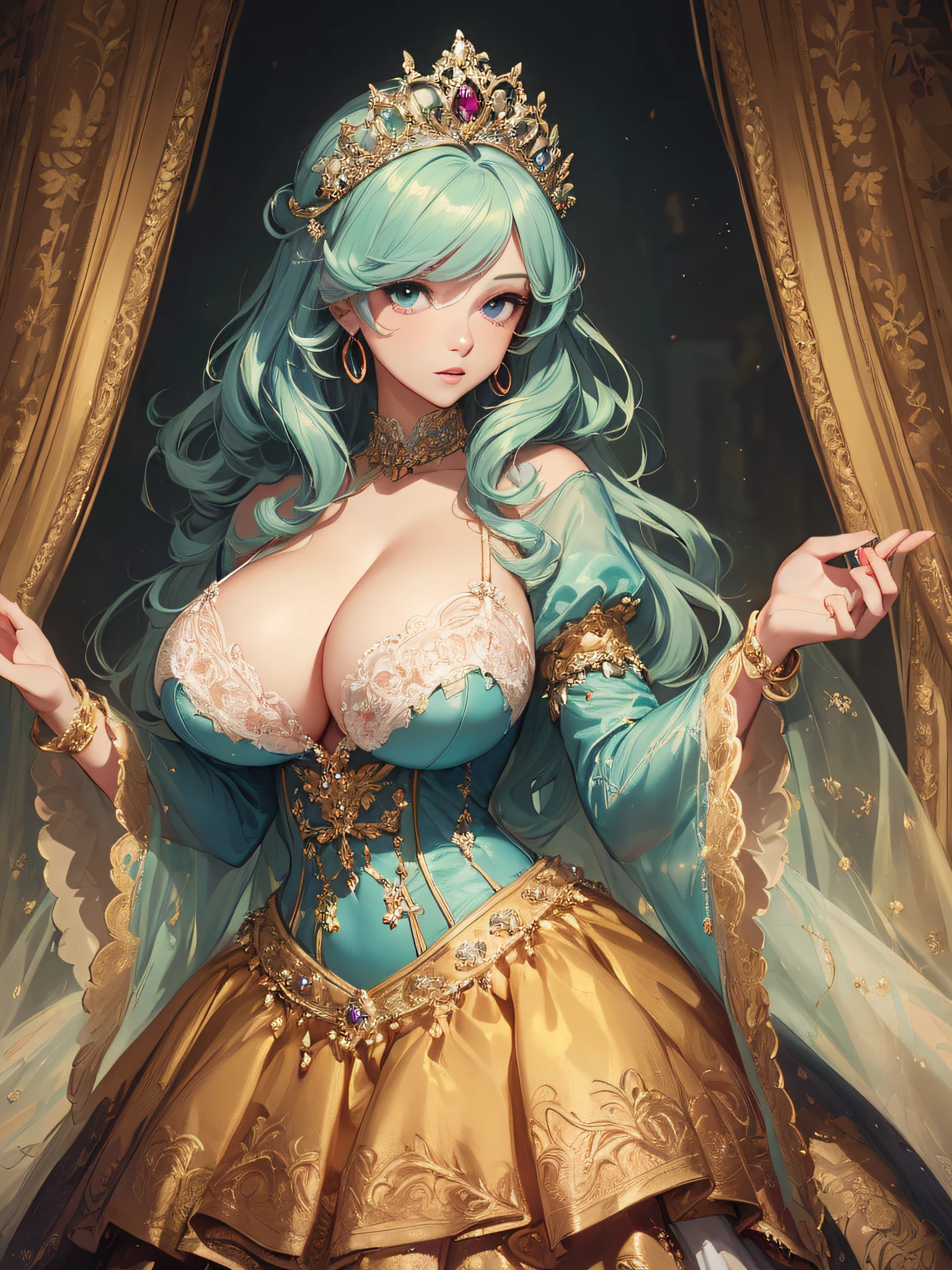 nsfw,((anime artstyle)),(Masterpiece),(Best Quality), (Super Detail),((Very Delicate and Beautiful)),cinematic lighting,1 girl,(((full body portrait))),((solo)),digital art,(((1 princess in beautiful embroidery and jeweled gorgeous princess rococo ballgown with voluminous full length hoop skirt))),crinoline,long train,((beautiful embroidery and jeweled)),voluminous frills,See-through,(gorgeous embroidery and beautiful lace),(((((gigantic tits,skindentation,gigantic cleavage breasts))))),cleavage,((large amount of straight hair,extremely voluminous Hair,Very Long Straight Hair)),((finely detailed face and eyes)),clear pupil,extremely gorgeousfull hair ornament,(bling-bling jeweled extremely gorgeousfull tiara),(bling-bling gorgeous gemstone jewelry),long veil,(beautiful background),full body,((gorgeous princess rococo ballgown with voluminous full length hoop skirt))