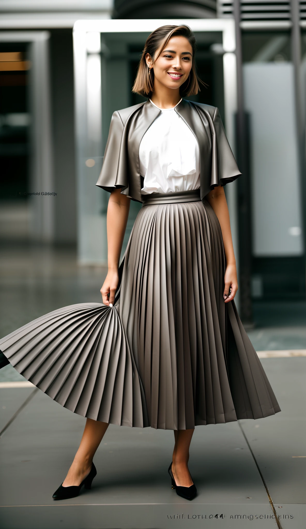 very (seductive:1,9) smiling attractive lesbian woman wearing short blazer and very very detailed (long (fully pleated) full circle skirt) and (simple) low heeled office shoes, very very intricate hyper-detailed symmetric (attractive graceful young feminine face) with (sad, tired eyes and a shy smile), large breasts, full of empathy and compassion and love, (pronounced (feminine) features), (highly detailed ultra accurate realistic) hands and fingers, (windy conditions and wind blowing), epic composition, highly detailed attributes, highly detailed atmosphere, (35mm f1.4 Kodak portra 400 photograph), extremely high quality RAW photograph,