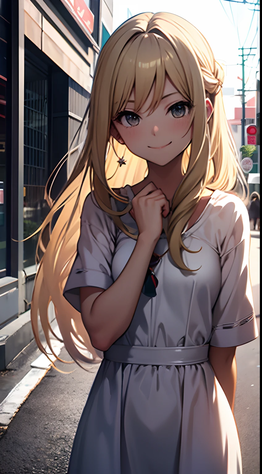 street no people ((Miyuki)) blonde long hair, cute girl, smile, white one piece dress, model, low angel shot